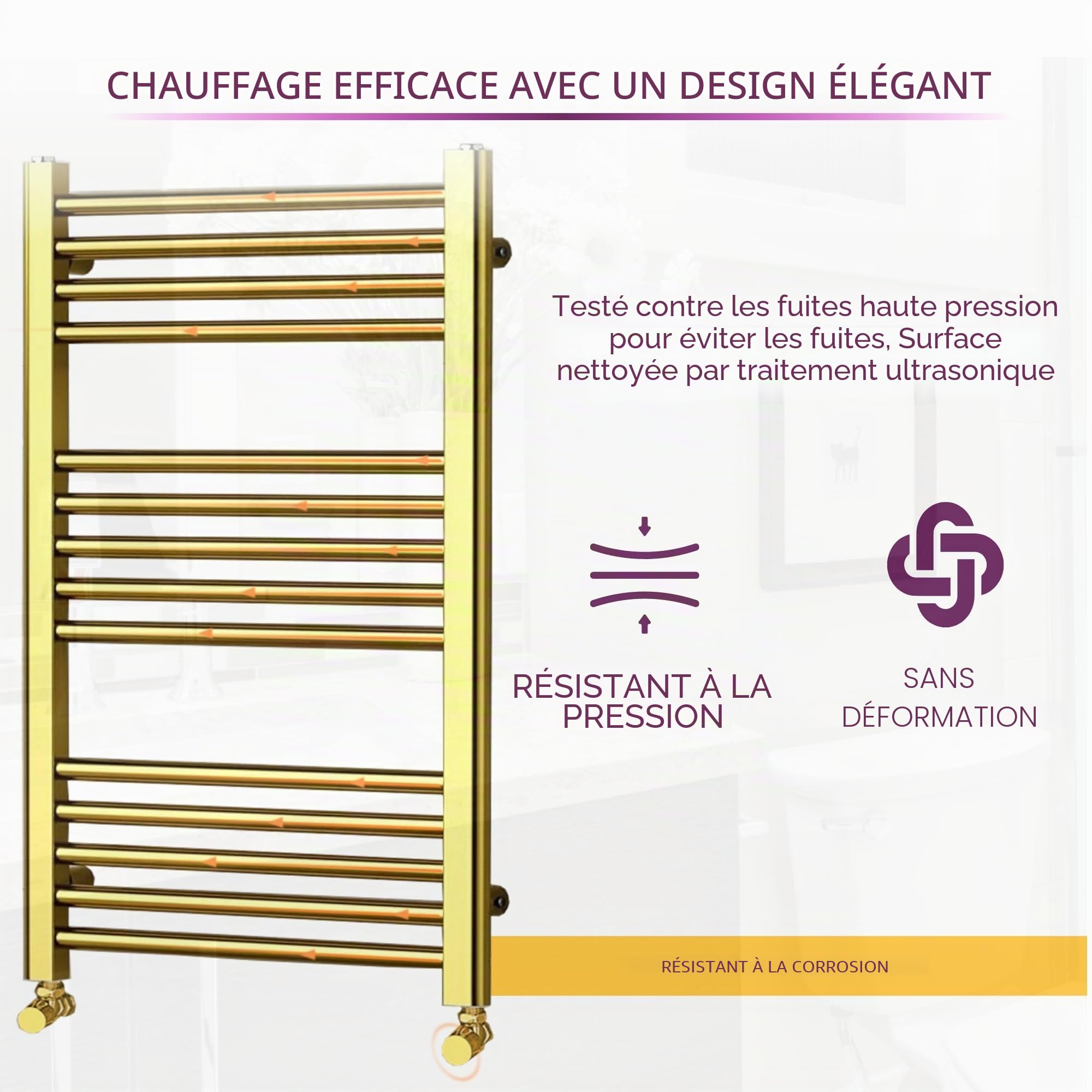 Go Bathrooms Nola Radiateur mural pour salle de bain Porte-serviettes mural Doré 770 mm x 500 mm