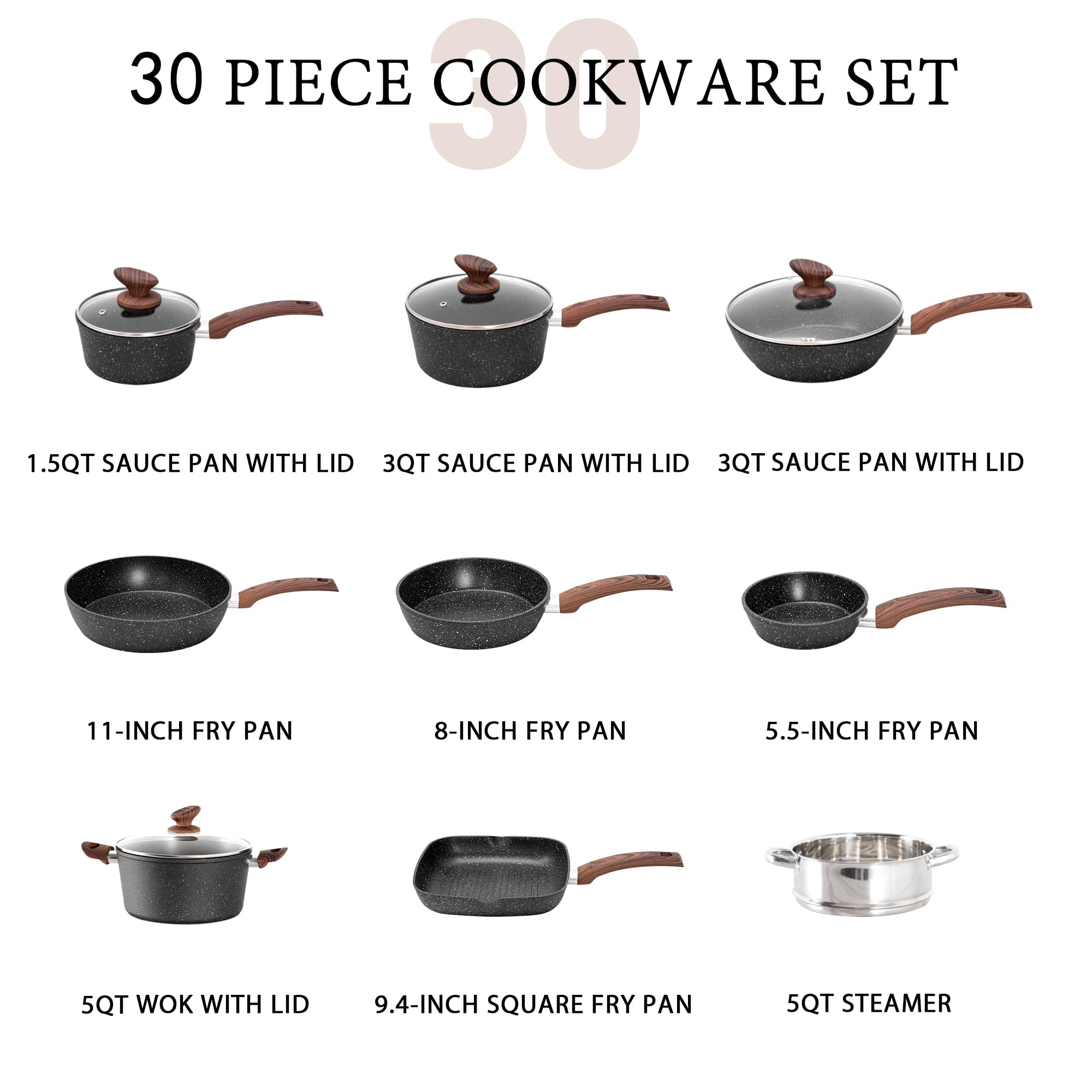 MAISON ARTS 30 Piece Pots and Pans Set Non Stick, Kitchen Cookware & Bakeware Sets with Nonstick Granite Coating, Baking Tray, Frying Pan and Saucepan, Black