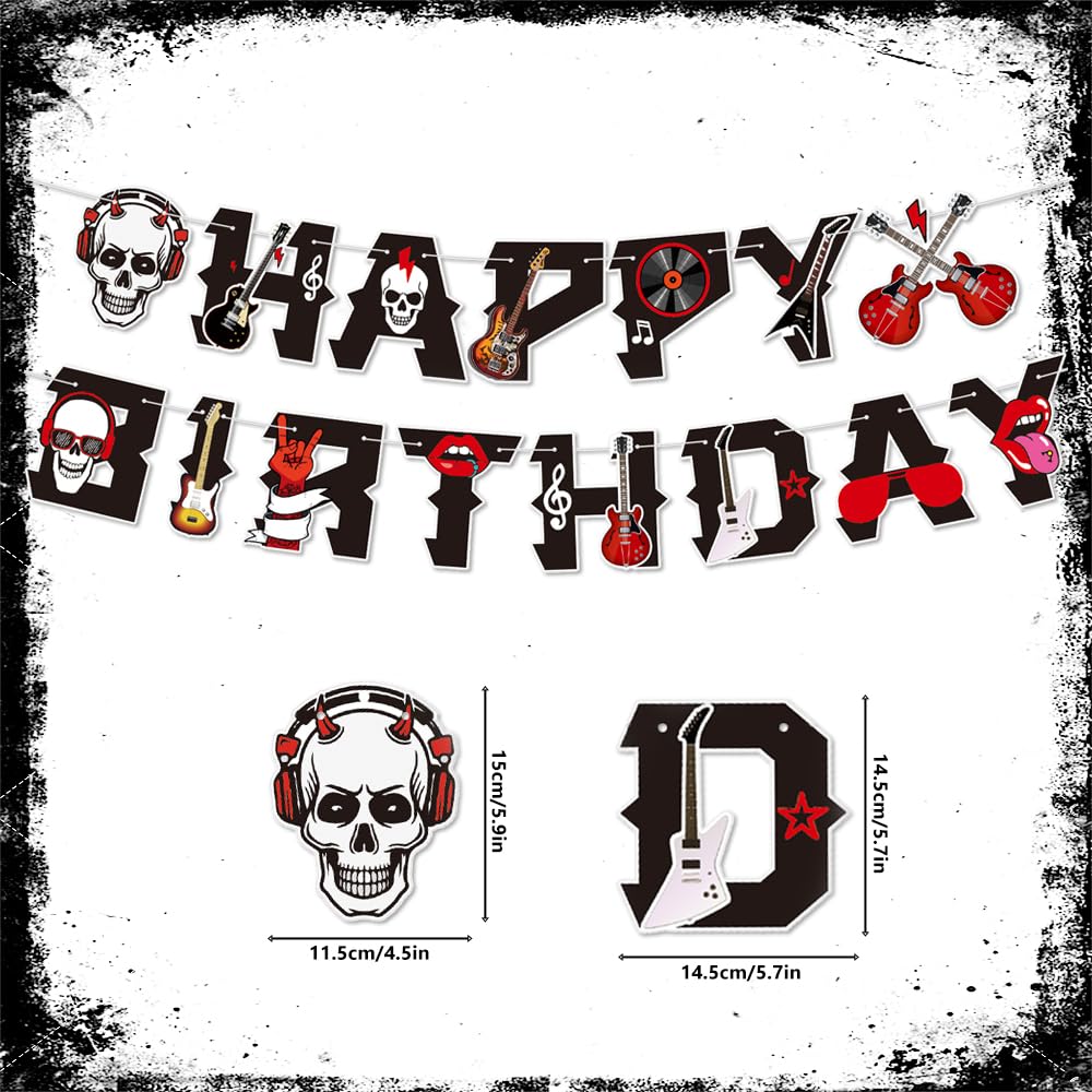 Rock Music Themed Happy Birthday Party Banner,Retro Black Red Rock and Roll Music Note Guitar Hanging Bunting Letter Banner Paper Garland for 50s 60s Rock Birthday Party Decoration Supplies - Image 2