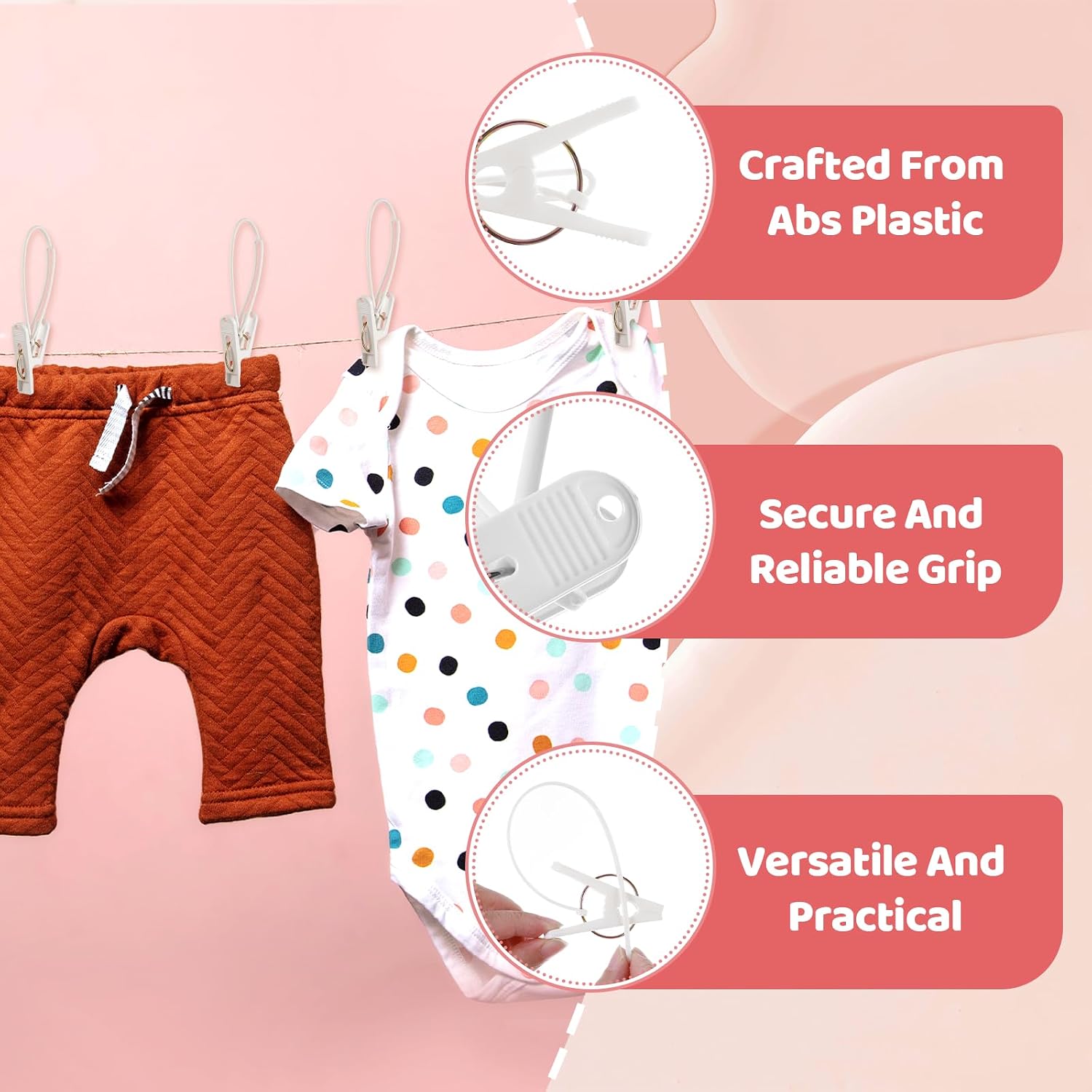 90 Pack Multi-Purpose Laundry Hooks Hanging Clips, Clothes Pins with Plastic Rope Hangers with Clips for Baby Clothes Pants Socks Towels Wardrobe & Kitchen Organization