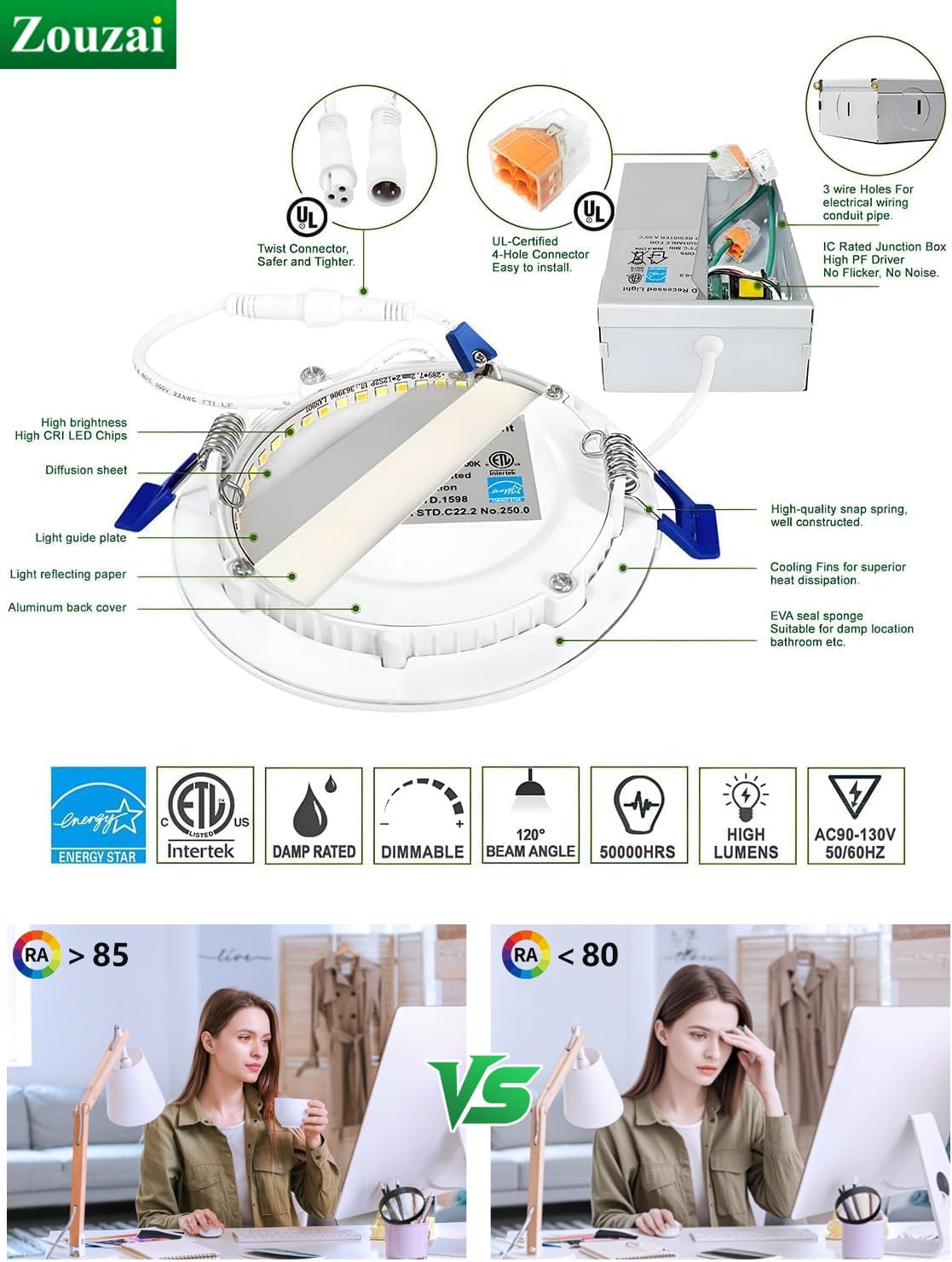 zouzai 12 Pack 4 Inch Ultra-Thin LED Recessed Lights, 6500K Cool White, 9W=80W, 5CCT Adjustable, Dimmable, with Junction Box, Commercial & Office Lighting for Kitchen, Bathroom