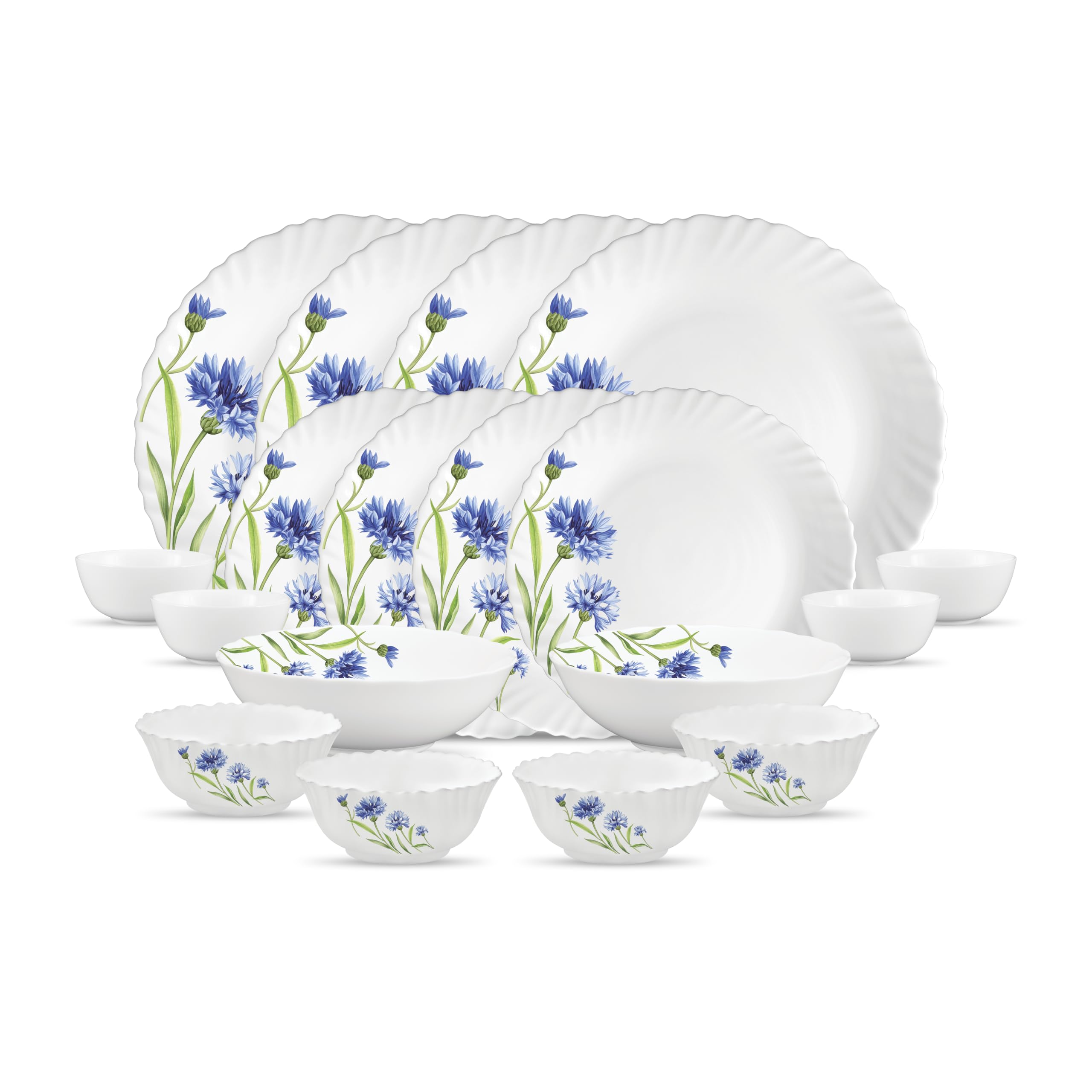 La Opala Opal Glass Crockery | for Family of 4 | Dinner Set 18 pcs Floral Fountain | Plates & Bowls for Dining | Microwave Safe | 100% Vegetarian | Extra Strong | Extra Light & White-image-3