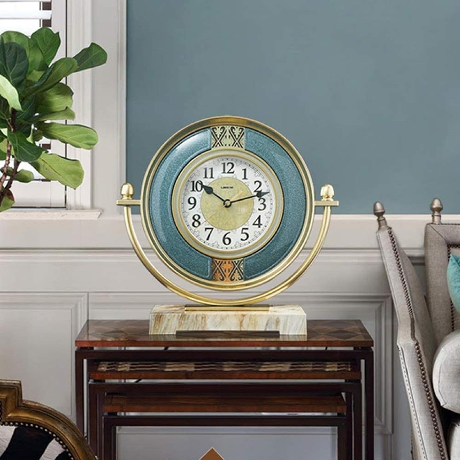 Mantel Clock Battery Operated, Vintage Mantle Clocks with Silent Movement, Table Clock Above Fireplace Mantel for Living Room Office Desk Shelf & Home Décor(12 Inch, Blue)