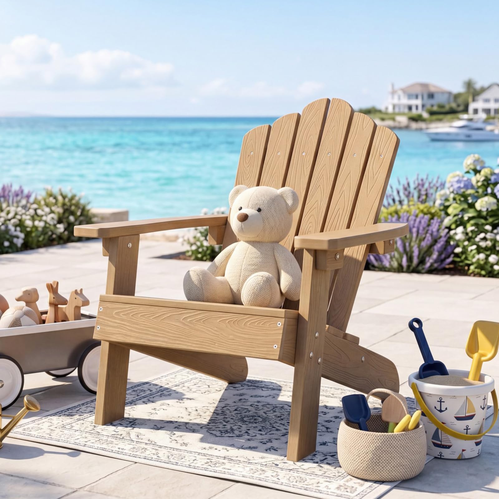GIANTEX Kids Adirondack Chair, All-Weather HIPS Children's Outdoor Chair with Tilted High Backrest, Toddler Beach Chair for Garden Patio Backyard, Kids Lawn Chairs for Age 3-7 (1,Teak)