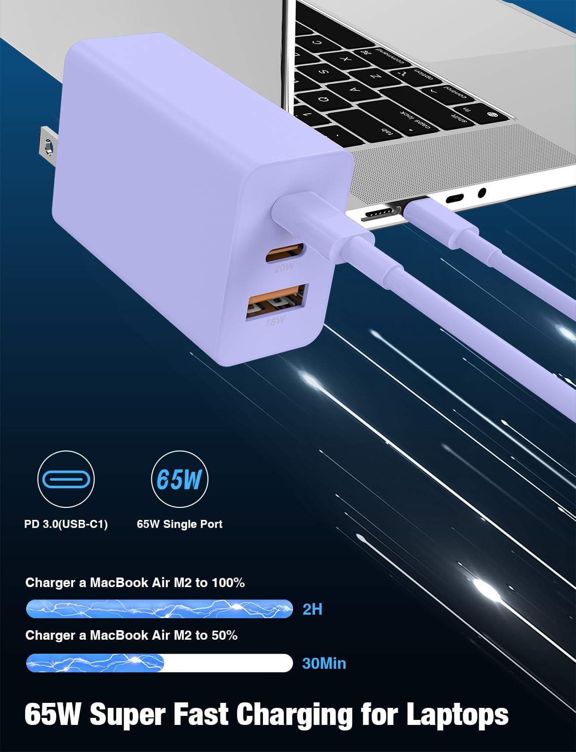 2Pack 65W USB C Wall Charger Block, 3-Port USB C Charging Adapter 100W Type C Super Fast Charging Power Plug Cube for MacBook Pro/Air,i-Pad Pro,i-Phone 17/16/15, Galaxy S25,and More Purple+Purple