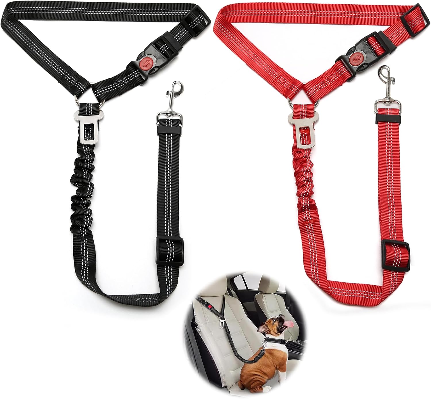 2 Pcs Adjustable Dog Car Seat Belt Shock Resistant Elastic Padded Pet Safety Belt for Car, Vehicle (Black + Red)