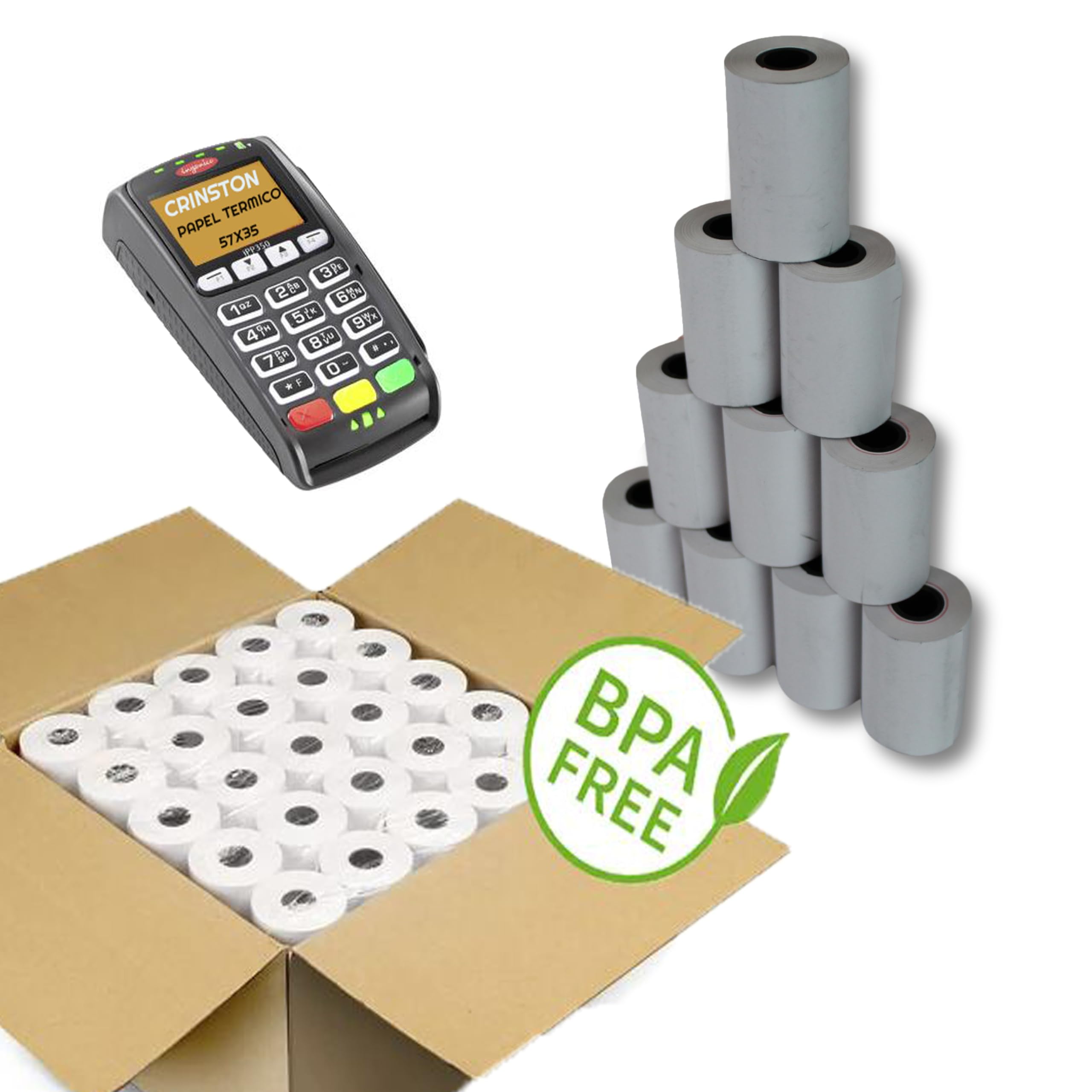 210 UNIDADES - Rollos de Papel Térmico 57x35x12 mm para Datáfonos, Terminales de Tarjeta de Crédito, Impresoras POS, Sin Bisfenol A - Papel de Alto gramaje.
