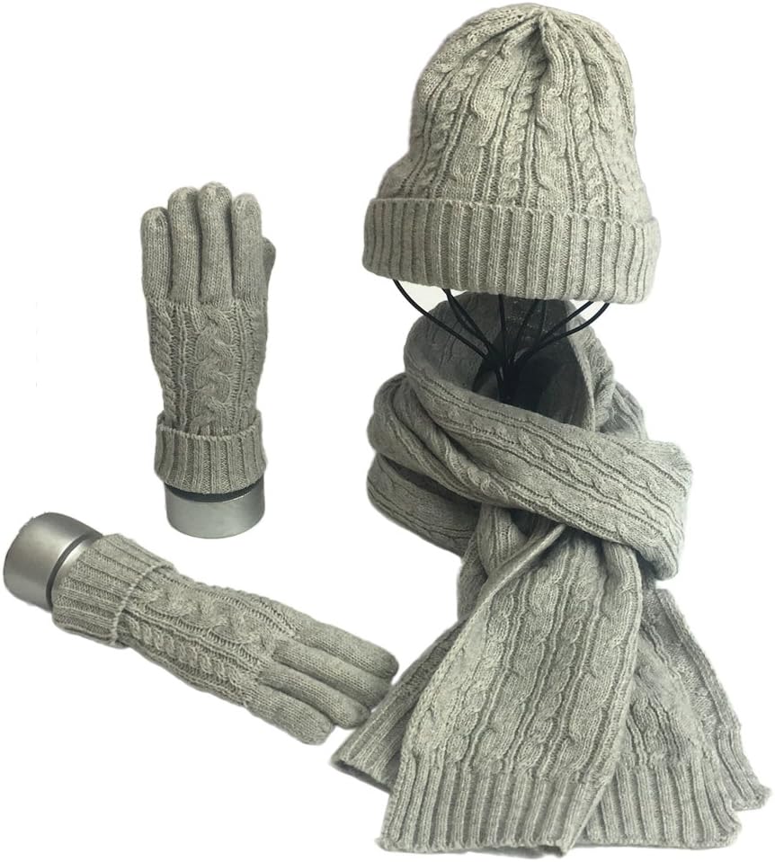 Women's 3 Piece Winter Warm Set - Knitted Beanie Hat, Scarf, Mitten Gloves Gift