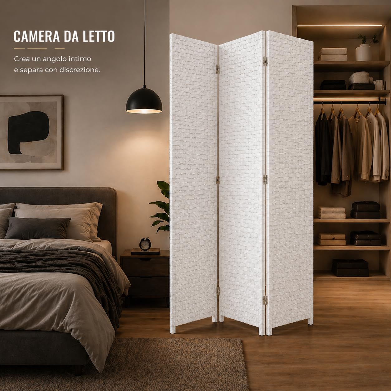 Separè da Interno 3 Pannelli 180X135h CM - Divisorio per Ambienti, in Plastica, Struttura in Legno, Motivo Intrecciato, Autoportante, per Soggiorno, Ufficio, Camera, Pieghevole - (Bianco)
