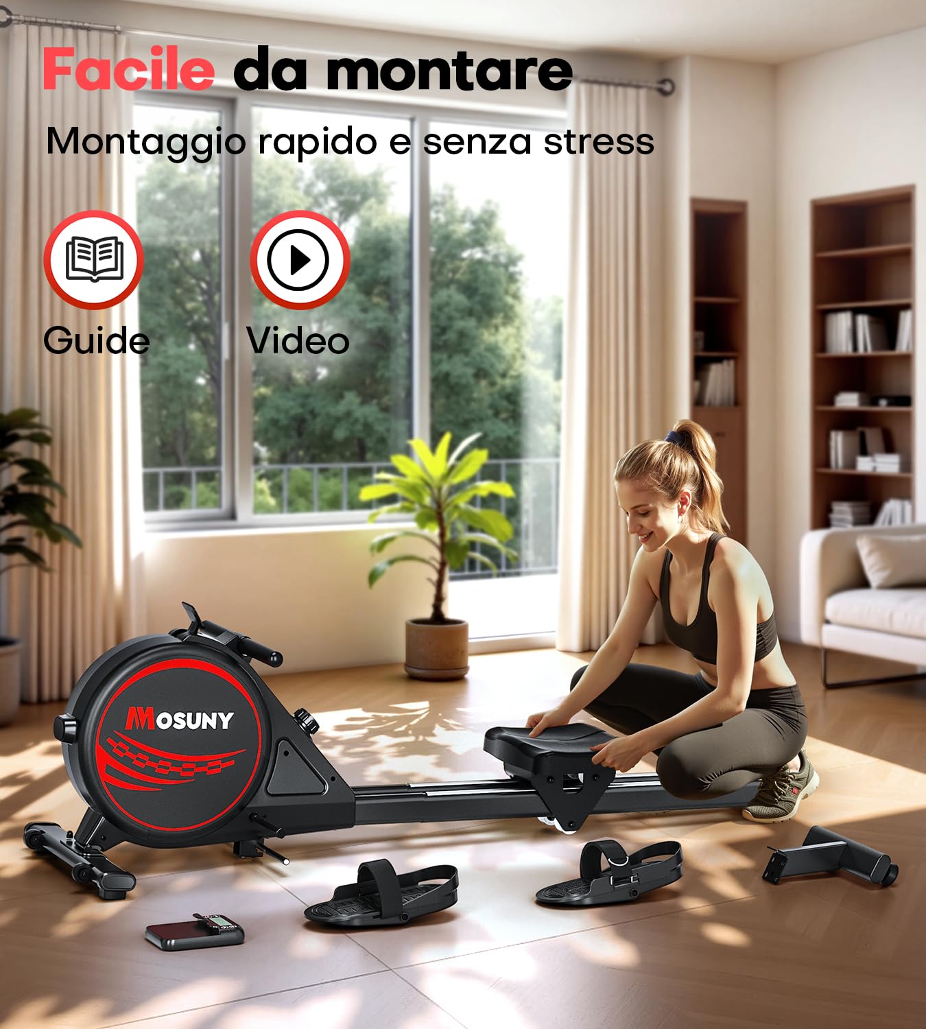 Vogatore per Casa, 16 Livelli di Resistenza, Vogatore Magnetico con Guide di Scorrimento Doppie Aggiornate, Ultra Silenzioso, Display LCD Compatibile con App, Capacità di Carico Fino a 160 kg