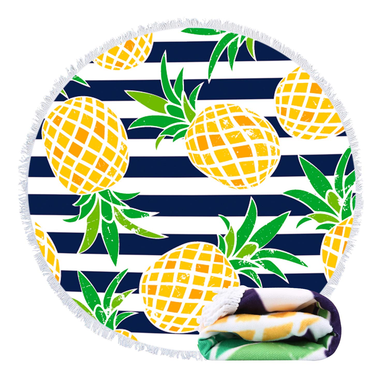 Feelingjoy Round Beach Towel Blanket Stripe Pineapples Microfiber Quick Dry Extra Large 60 Inches Roundie Towel Mat for Kids Women Girls Men
