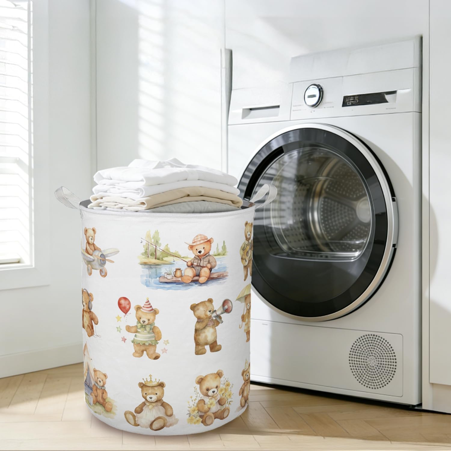 Teddy Bear Sports Laundry Basket Hamper, Bear Nursery Decor, Kids Foldable Clothes Toys Books Storage Box Bins Baskets Organizer for Toddler Kids Bedroom Playroom Bathroom
