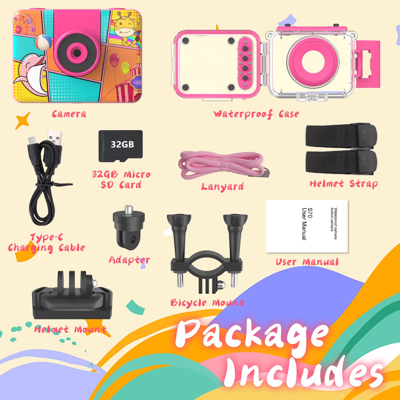 Ushining Appareil Photo Enfant Étanche, 1080P Caméra Vidéo d'action sous-Marine Enfant Appareil Photo Selfie Numérique avec Écran 2,0 Pouces Carte TF 32 Go, Cadeau pour Garçons et Filles 3-12 Ans,Rose