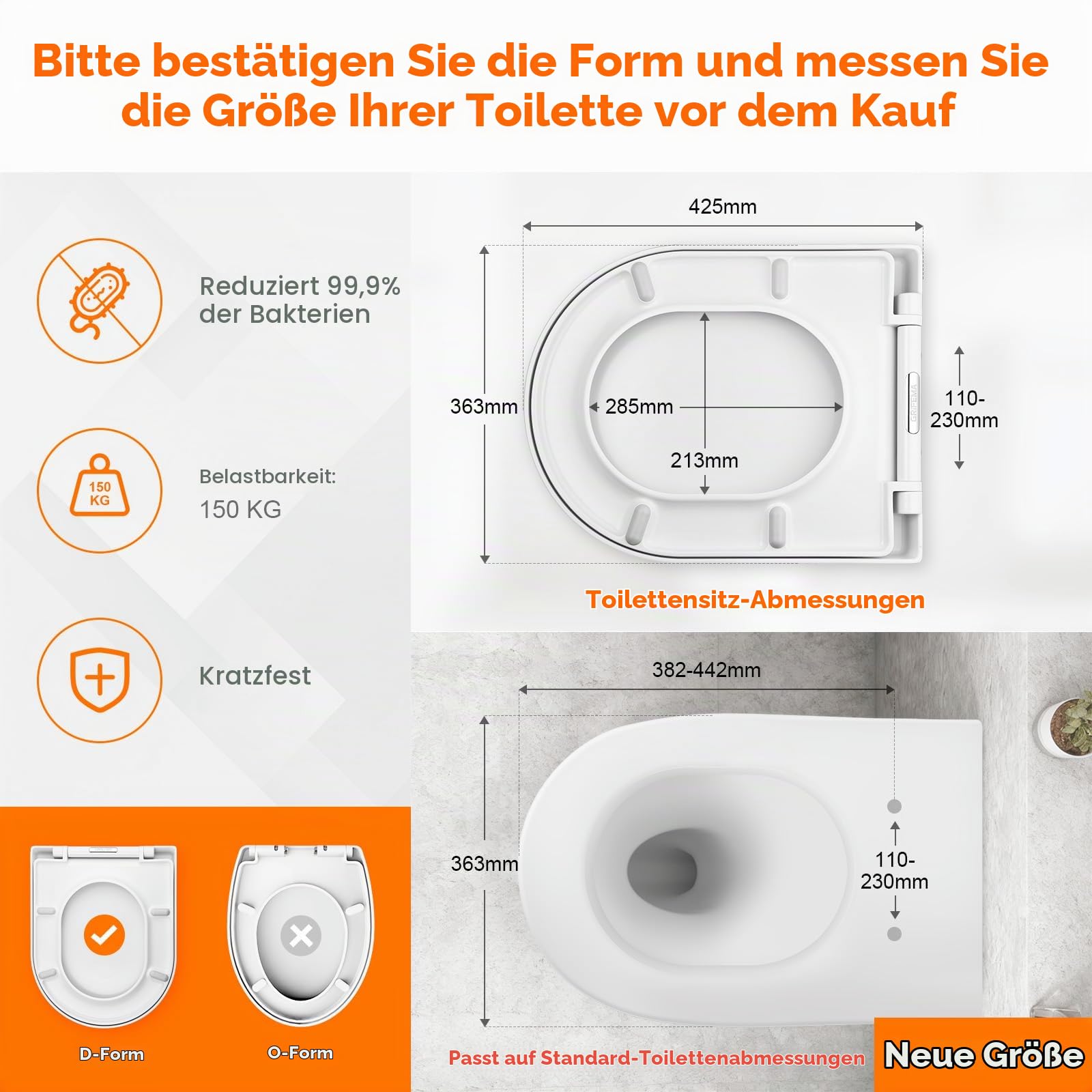 GRIFEMA G951 Toilettensitz, WC Sitz D Form mit Absenkautomatik