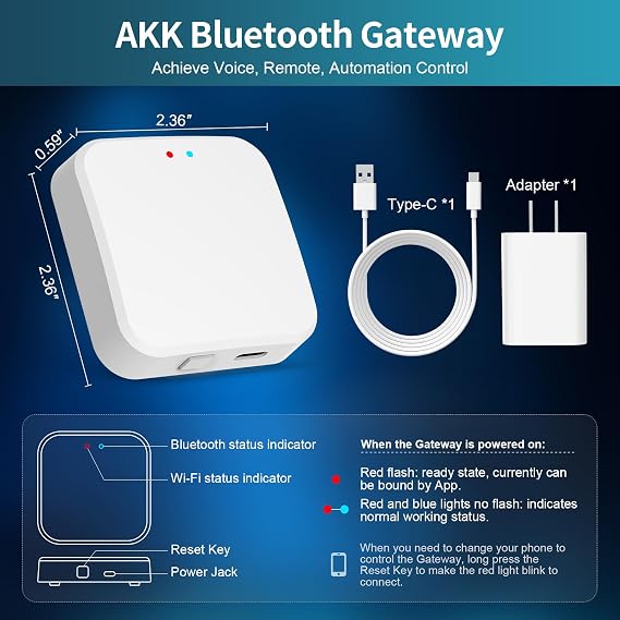 AKK Gateway, Tuya Bluetooth Hub for use with AKK Smart Porch Lights, Work with Smart Life APP and Tuya Smart APP for Remote Control, Voice Control via Alexa & Google Assistant, Works with 2.4GHz Wi-Fi