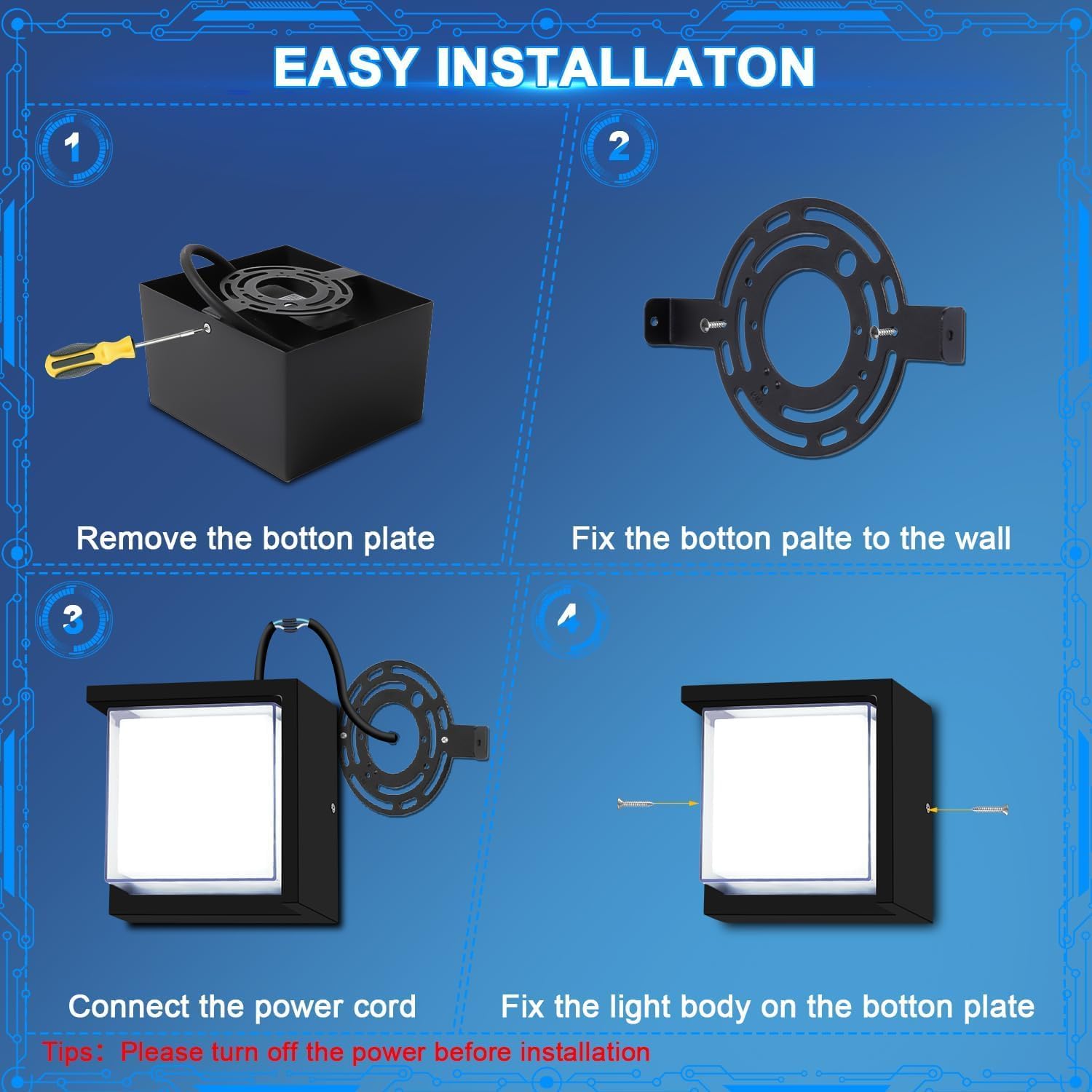 ledmo LED Wall Light Outdoor 12W, 6000K 1200LM Square Exterior Porch Lights with Cover Wall Mounted Fixture Black Modern Aluminum IP65 Waterproof for House Stairway