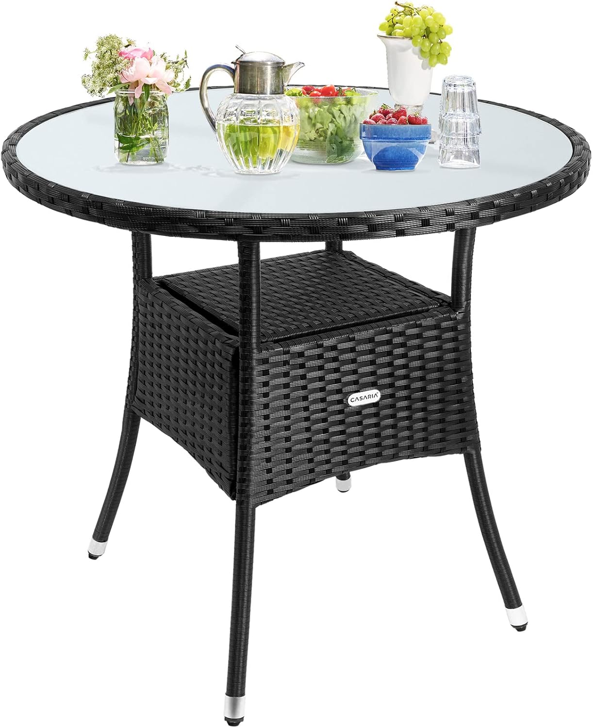 Casaria Polyrattan Side Table with items on top and lower shelf, viewséð frá öðru sjónarhorni
