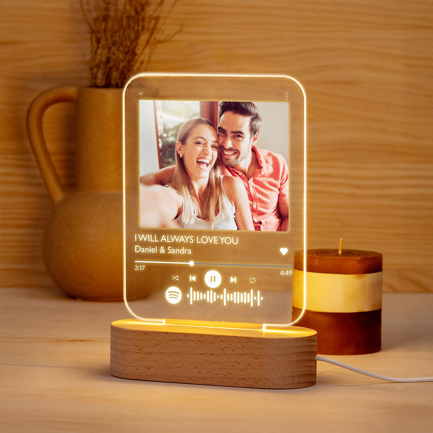 Made in Gift Lámpara Spotify Personalizada con Foto - Con Base o Marco - Diseño con Código Escaneable de Canción - Regalo Original para Parejas o Amigos
