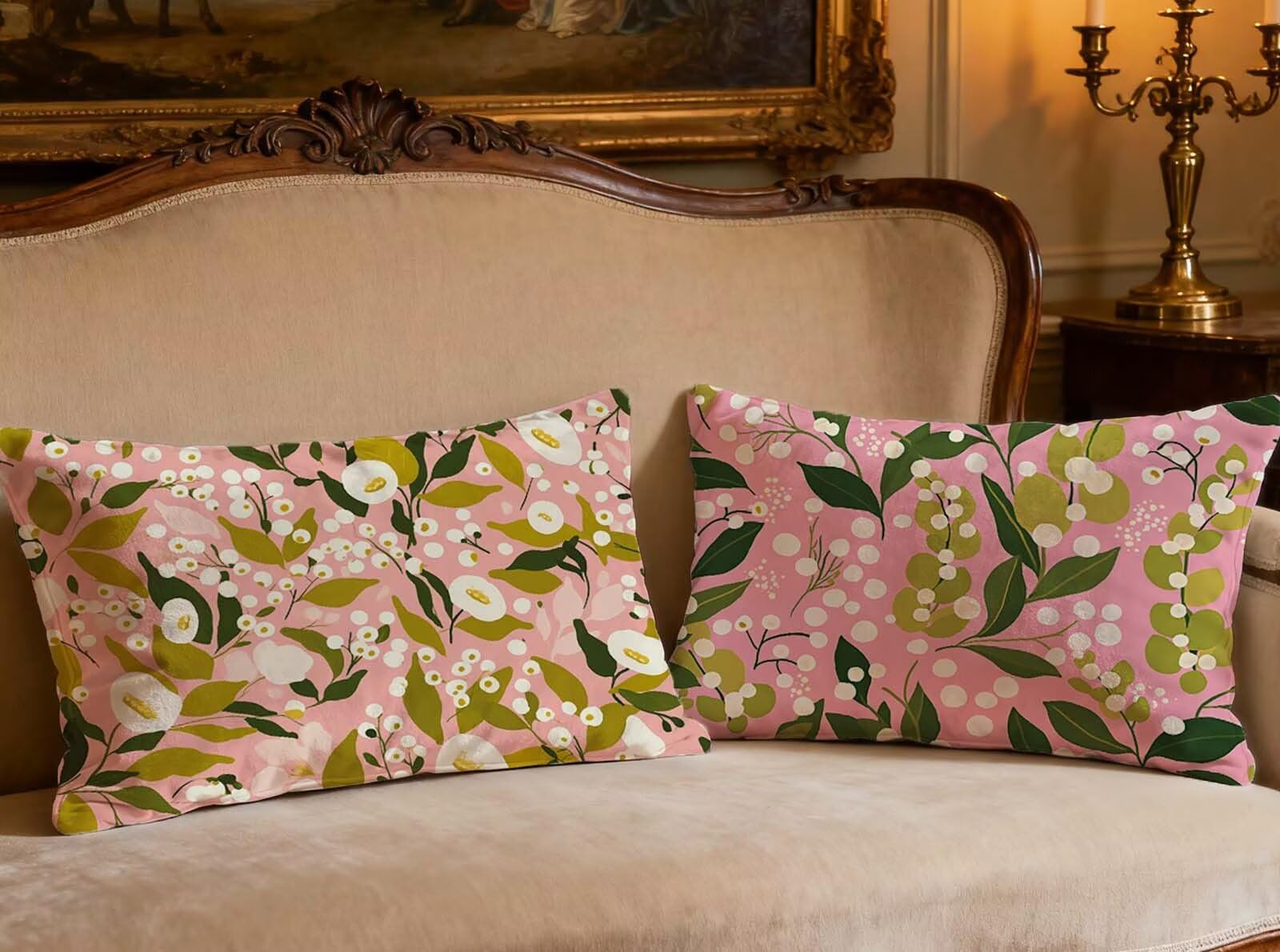 Housse de coussin rose oreiller 40x80cm lot de 2 velours motif feuille rectangulaire