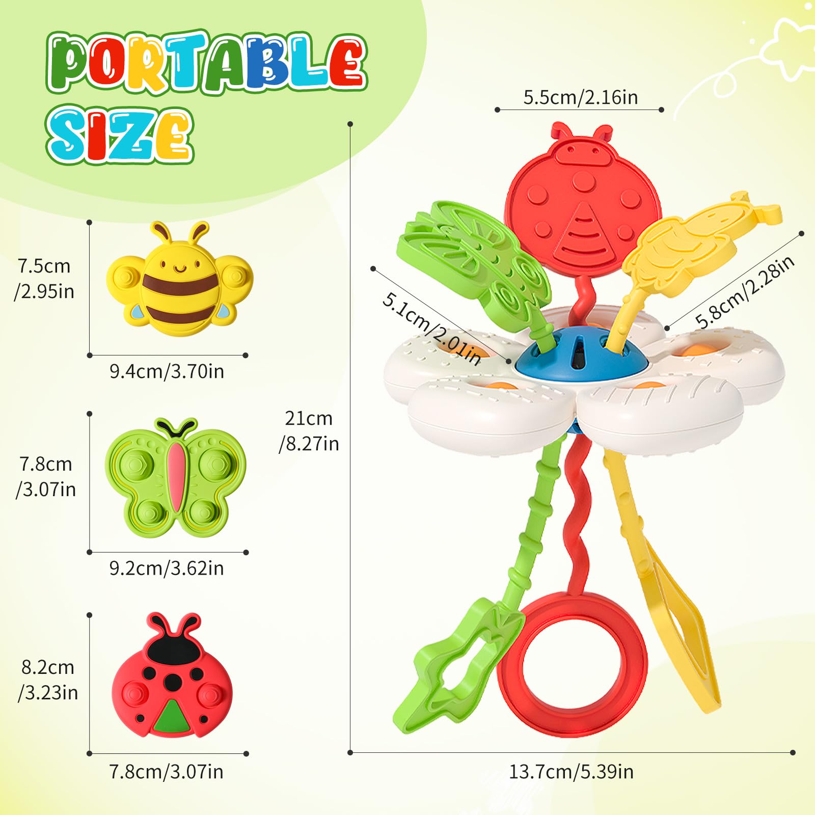 Joollurm 3 Insect Shapes Suction Cup Spinners Bath Toy Set including 1 Montessori Silicone Pull String Activity Toy - Image 2
