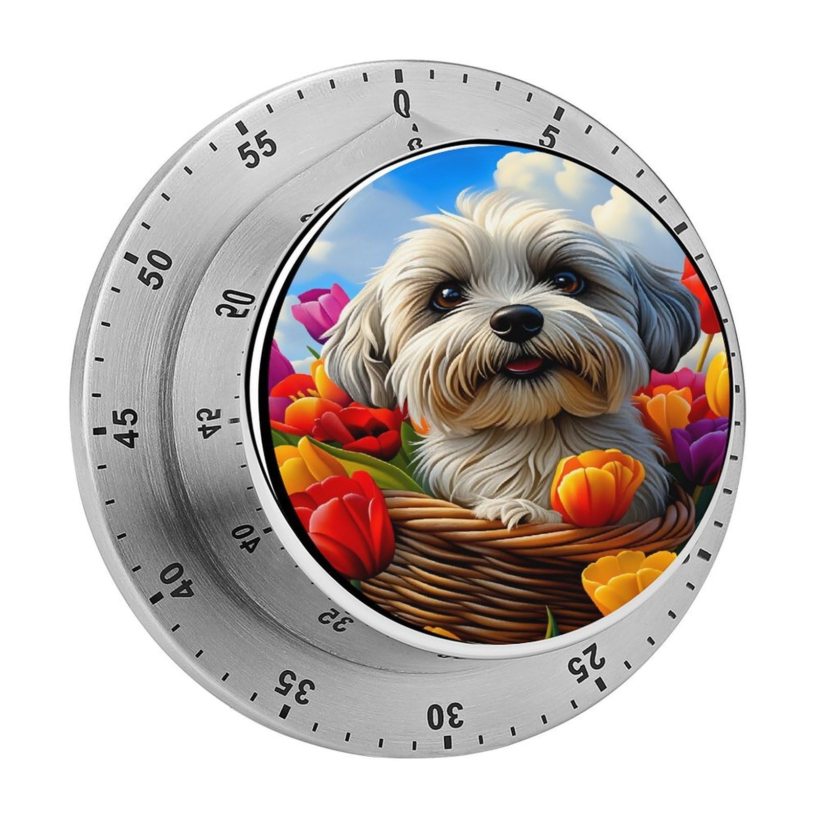Shih Tzu in Tulip Basket 60 Minute Wind Up Timer,Visual Mechanical Magnetic Timer with Loud Alarm for Kitchen