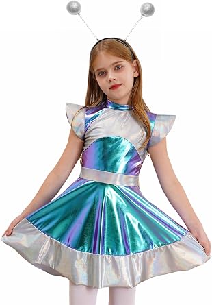 Jugaoge Girls Alien Fancy Dress Costume Outer Space Man Roleplay Outfits Metallic Dress with Alien Hair Hoop
