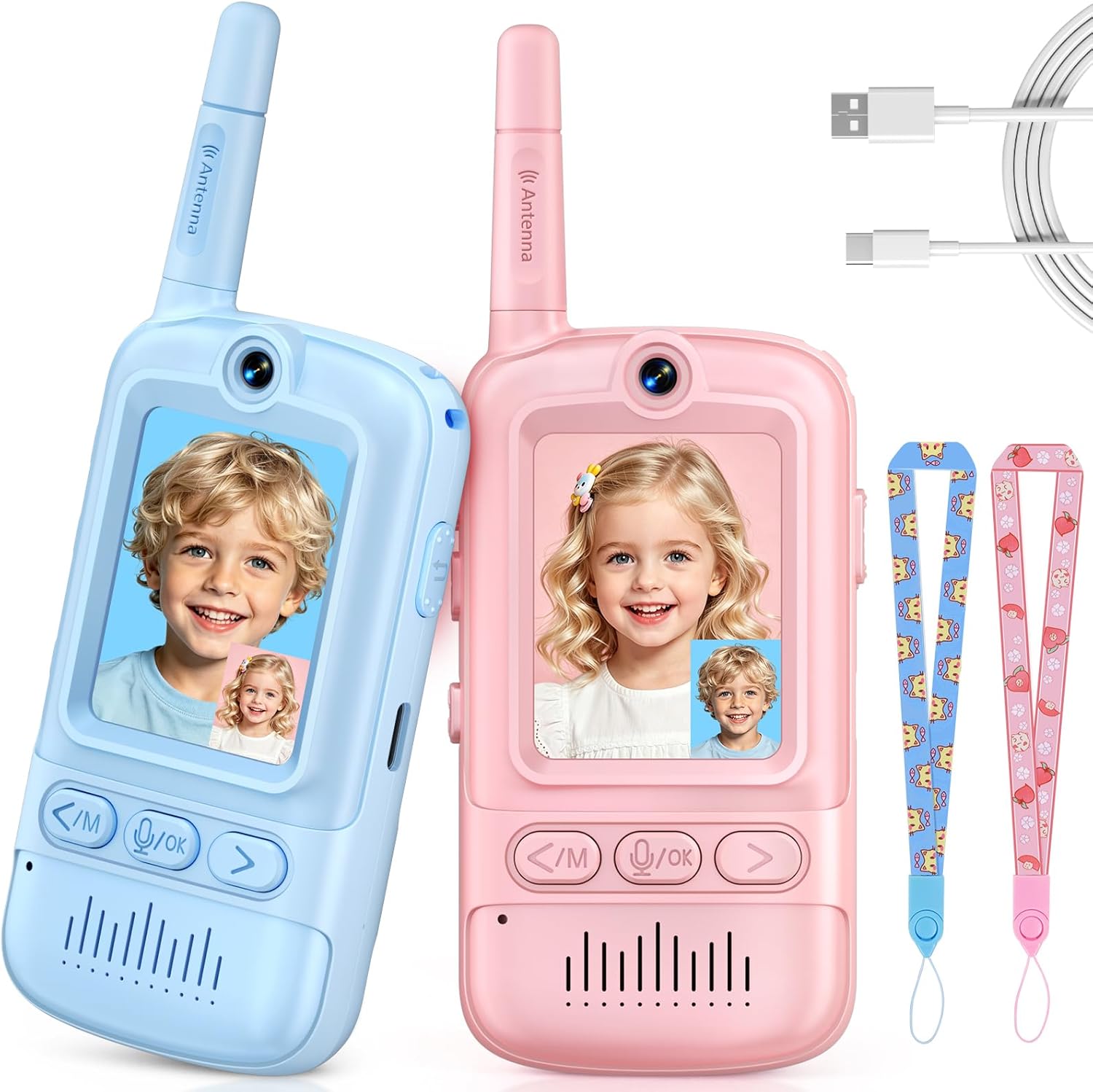 Video Walkie Talkies for Kids, 2 Pack Rechargeable Video Intercom Kids Walkie Talkies, Long Range Two Way Radio with 4 Voice Effects, Kid Indoor Outdoor Toys Birthday Gift for Age 3-12(Blue/Pink)
