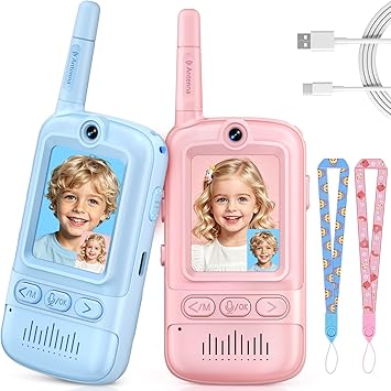 Video Walkie Talkies for Kids, 2 Pack Rechargeable Video Intercom Kids Walkie Talkies, Long Range Two Way Radio with 4 Voice Effects, Kid Indoor Outdoor Toys Birthday Gift for Age 3-12(Blue/Pink)