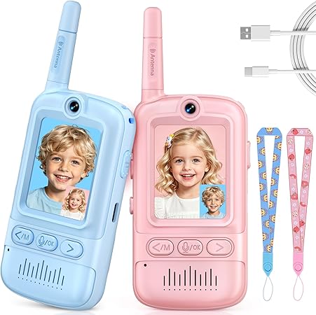 Video Walkie Talkies for Kids, 2 Pack Rechargeable Video Intercom Kids Walkie Talkies, Long Range Two Way Radio with 4 Voice Effects, Kid Indoor Outdoor Toys Birthday Gift for Age 3-12(Blue/Pink)