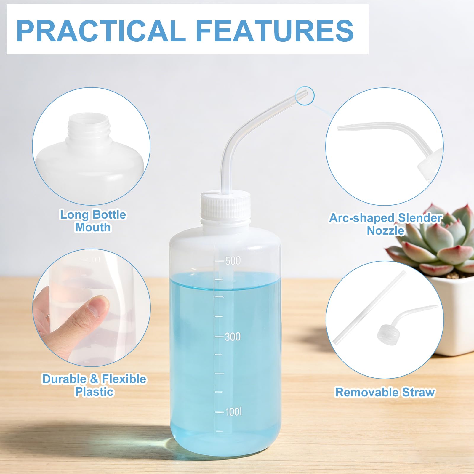 Spritzflasche 500ml Set 4 Stück – Dosierflasche HDPE mit gebogenem Ausguss, Squeeze Bottle mit Trichter und Etiketten, Laborflasche Auslaufsicher für Küche Auto Reinigung DIY