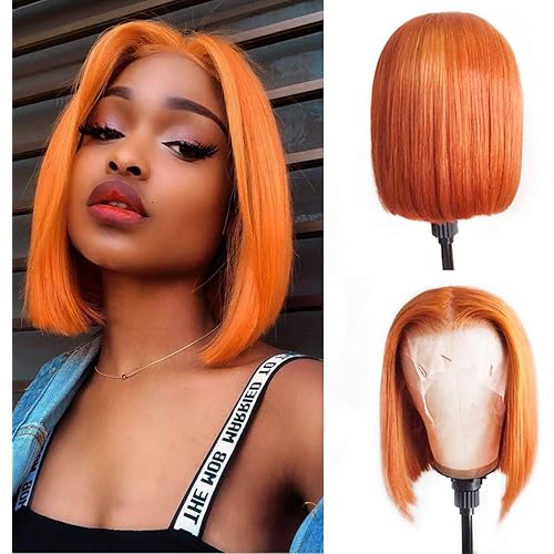 Lace Front Human Hair Wigs Layered Hair Bob Cut Lace Wig Pre Plucked Hairline Full End 150% Density Brazilian Straight Wigs Bleached Knots 10" Orange Color