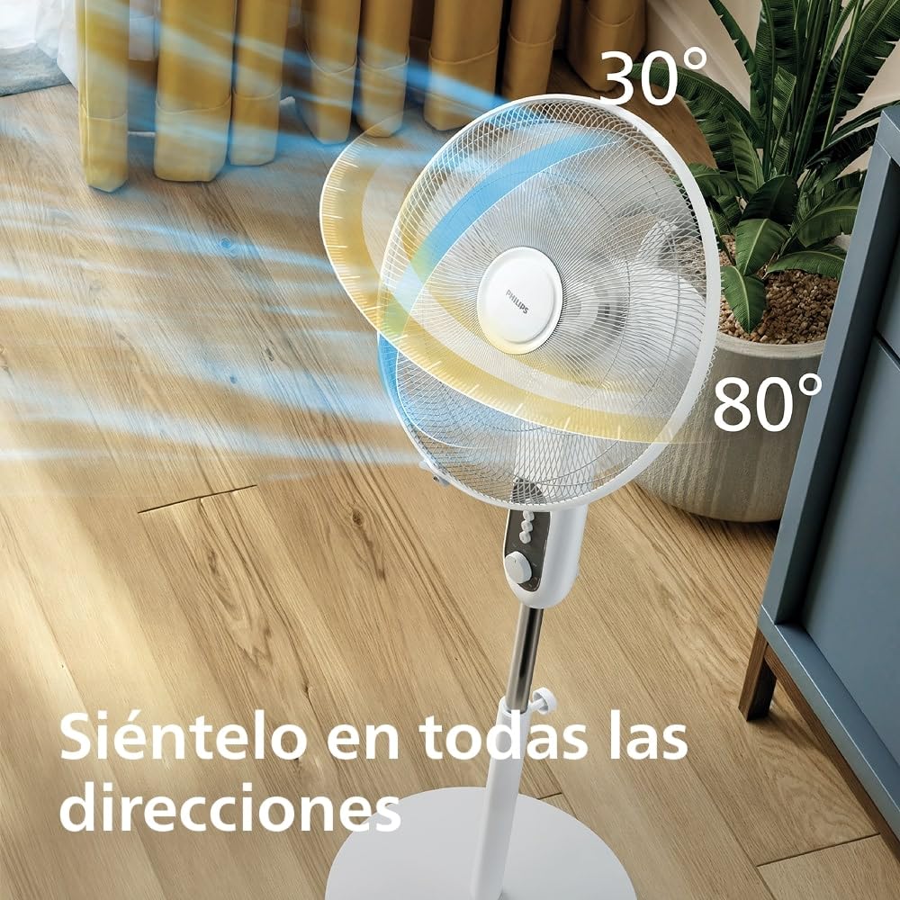 PHILIPS Ventilador de Pedestal Serie 1000 - Potente y Silencioso, 38 dB, Altura Ajustable, Inclinable y Giratorio, Temporizador, Blanco (CX1220/00)