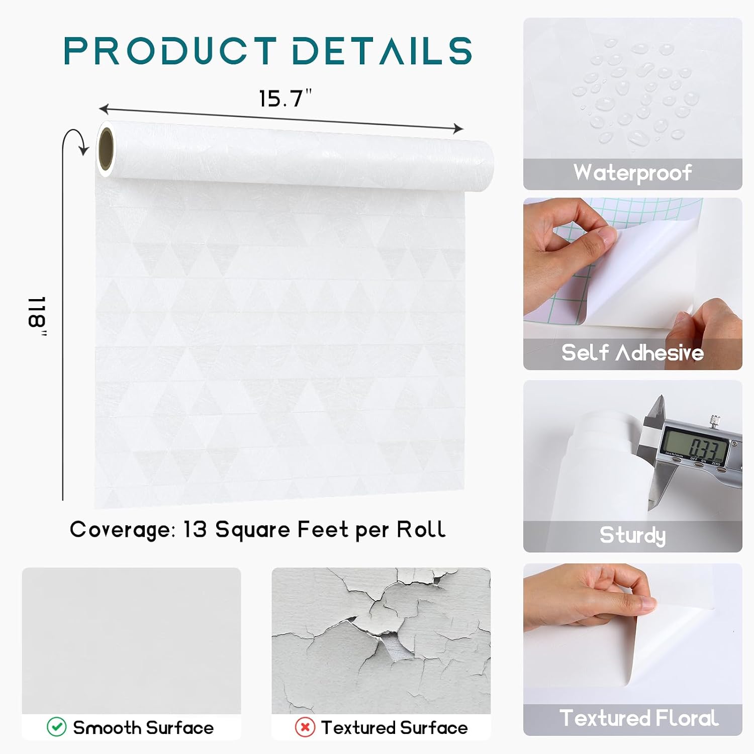 VEELIKE Diamond White Wallpaper Peel and Stick Waterproof Thick White Contact Paper for Cabinets Drawers Walls 15.7''x118'' Removable Textured Wallpaper Self Adhesive Vinyl for Bathroom Bedroom