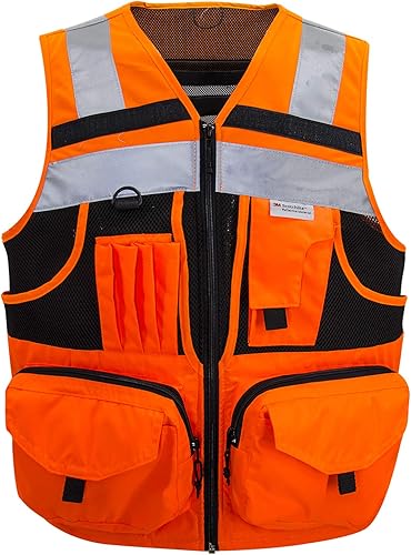 3M Chaleco de seguridad con rayas reflectantes de punto y Oxford de alta visibilidad con bolsillos, ropa de trabajo de construcción brillante para