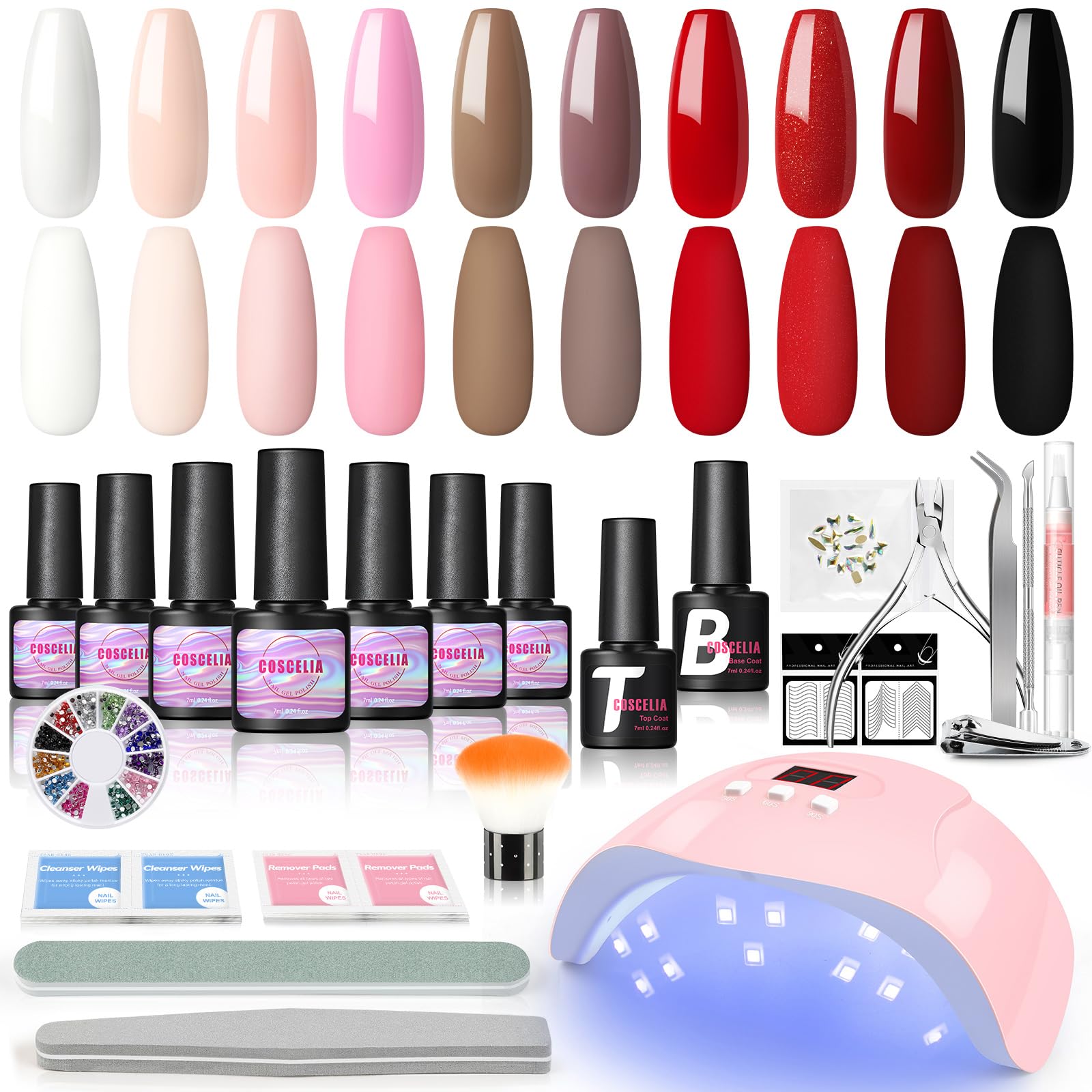 COSCELIA Kit Uñas de Gel Completo 36 W LED/U-V Lampara Esmaltes Semipermanentes de 10 Colores Capa Base y Capa Superior y otros Accesorios para la Decoracion de Manicara y Pedicura