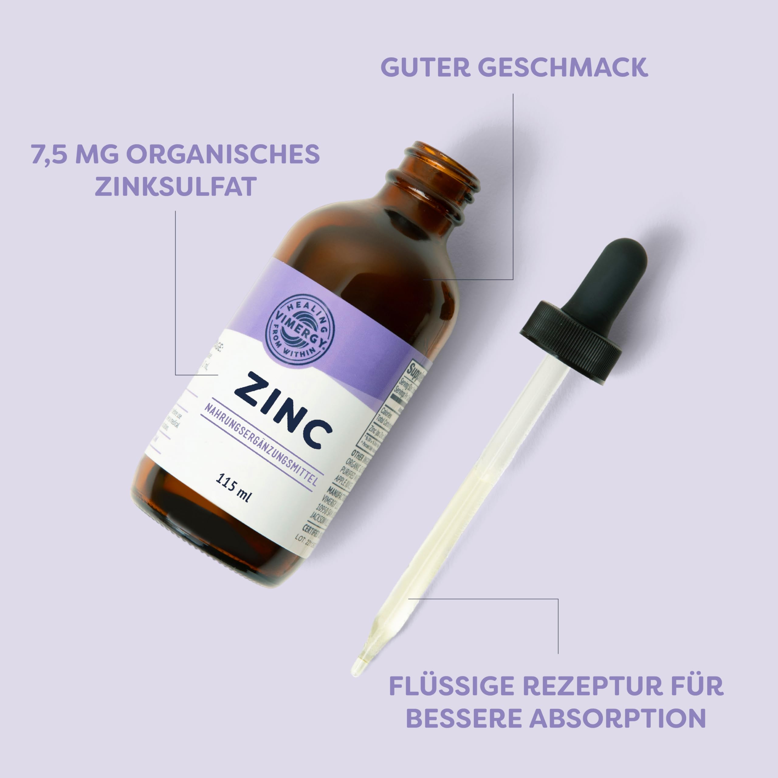 Vimergy Zink Tropfen 115 ml – 57 Portionen– Flüssiges Zink Hochdosiert – Antioxidans – Kein Raffinierter Zucker – Glutenfrei ohne Gentechnik Koscher Vegan Keto/Paleo Ernährung Geeignet