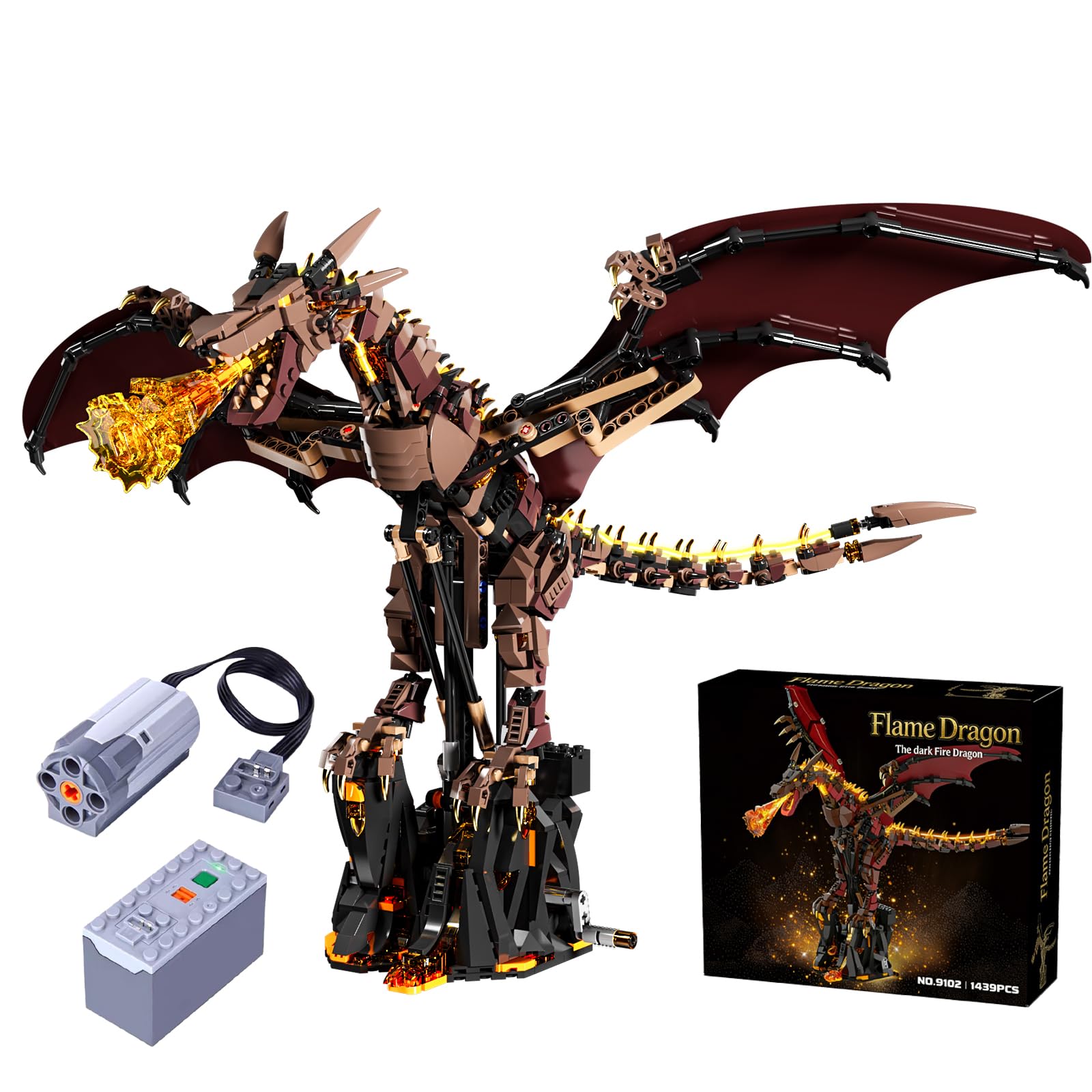 - Mechanical Flame Dragon Building Block Set– Collectible Medieval Fire Dragon Model with Movable Wings & Joints, Premium Set with Display Stand & Motor, Perfect Hobby Gift for Adults & Teens