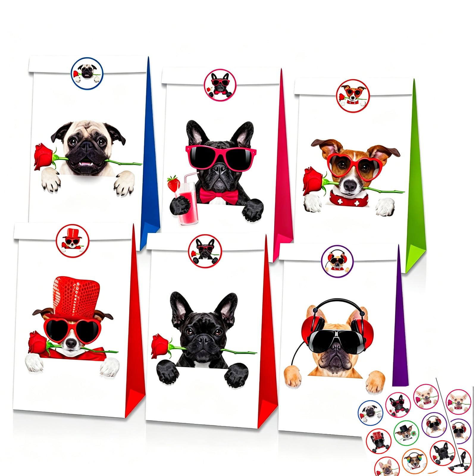 12Pcs Paper Party Bags for Kids Party, 22x12x8cm Pet Dogs Small Gift Bag Candy Goodie Treat Bags with 18 Stickers for Boys Girls Birthday Pet Dogs Theme Parties Bag favours Presents