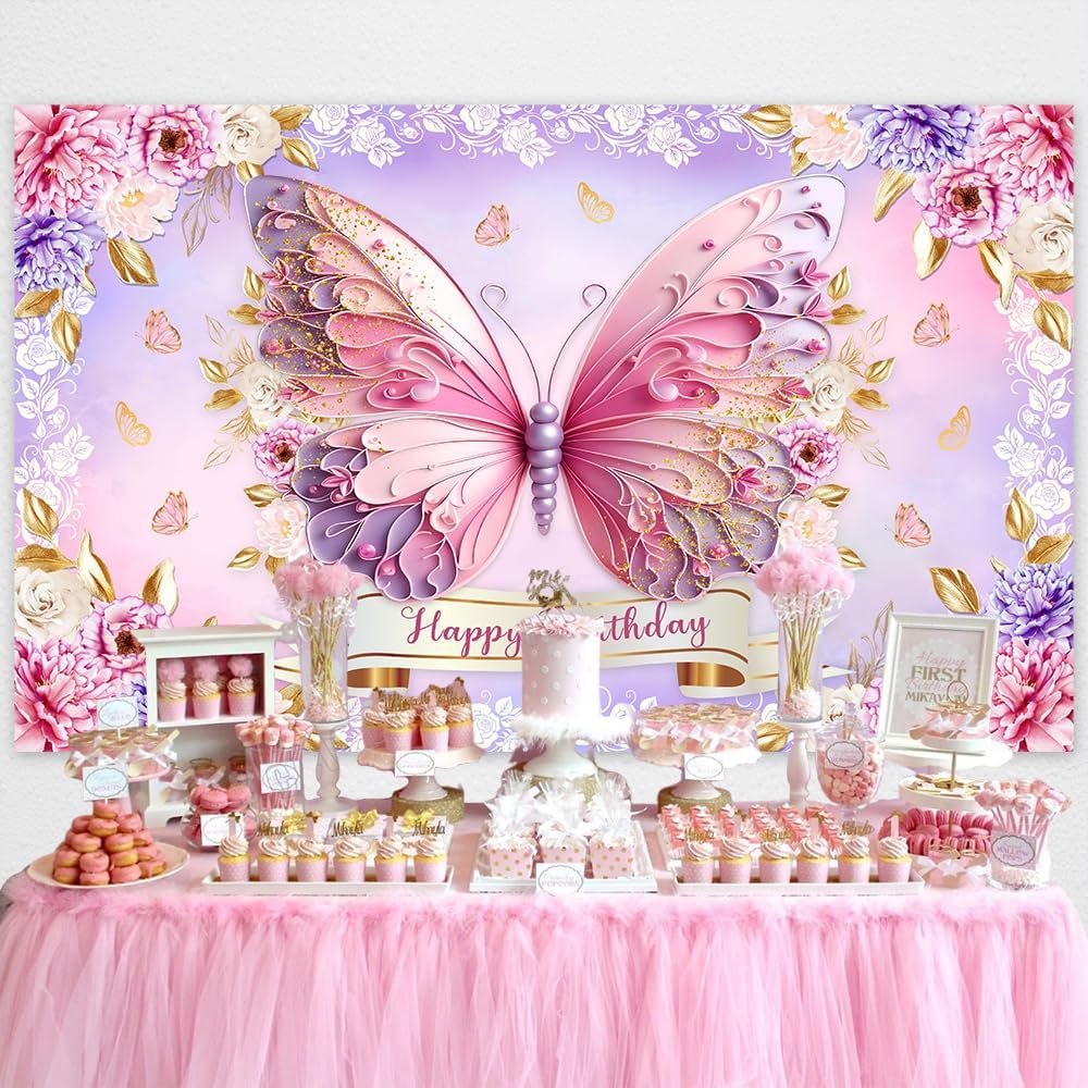 Butterfly Birthday Backdrop Banner for Girls Women Purple Butterfly Birthday Party Decorations Backdrop Pink Purple Flowers Party Photography Banner Supplies 5.9x3.6Ft image 2