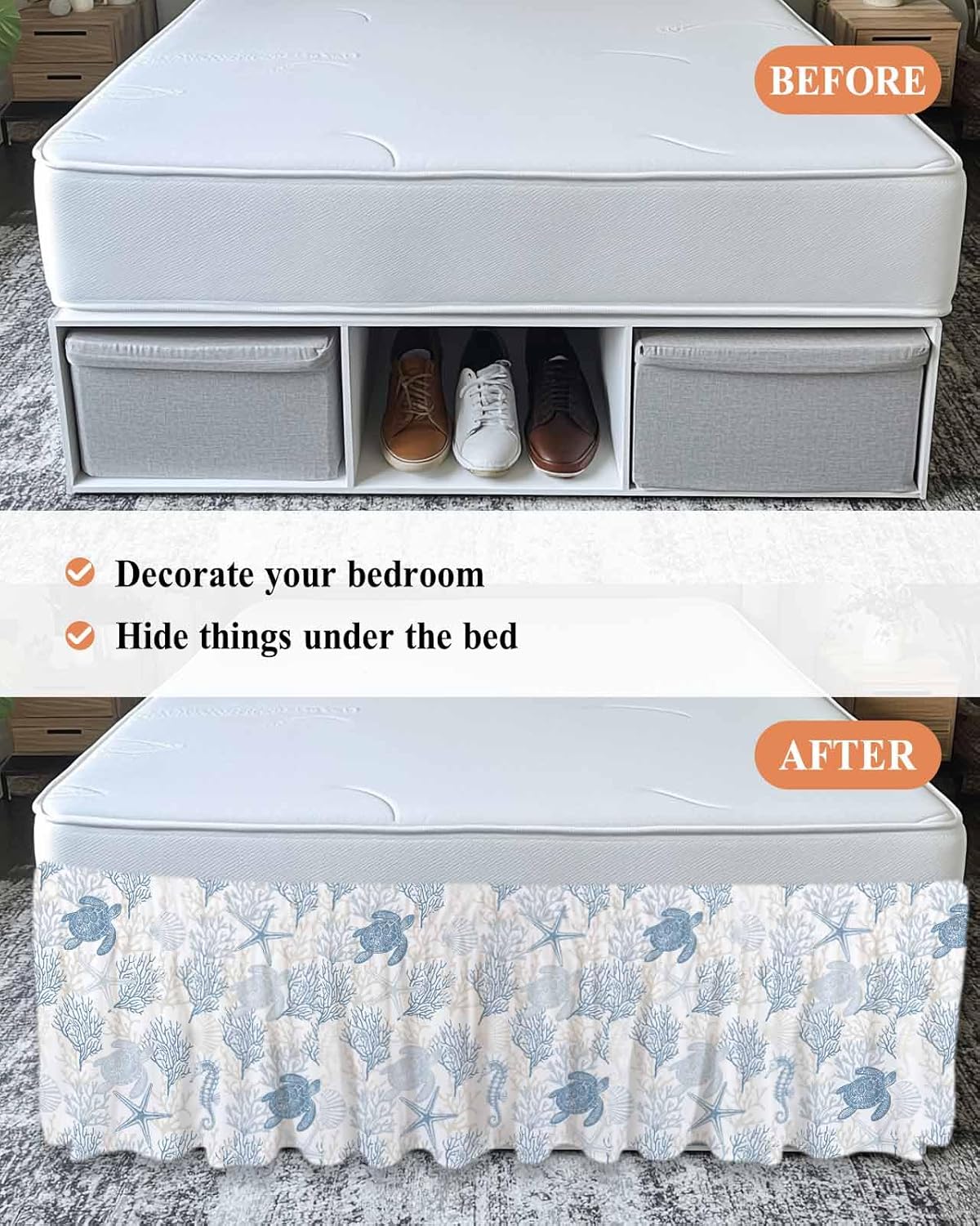 Bed Skirt Summer Ocean Sea Coral Bed Skirt 16 Inch Drop Light Blue Shell Star Turtle Seahorse Elastic Wrap Around Bed Skirt Dust Ruffle for Queen Size Bed