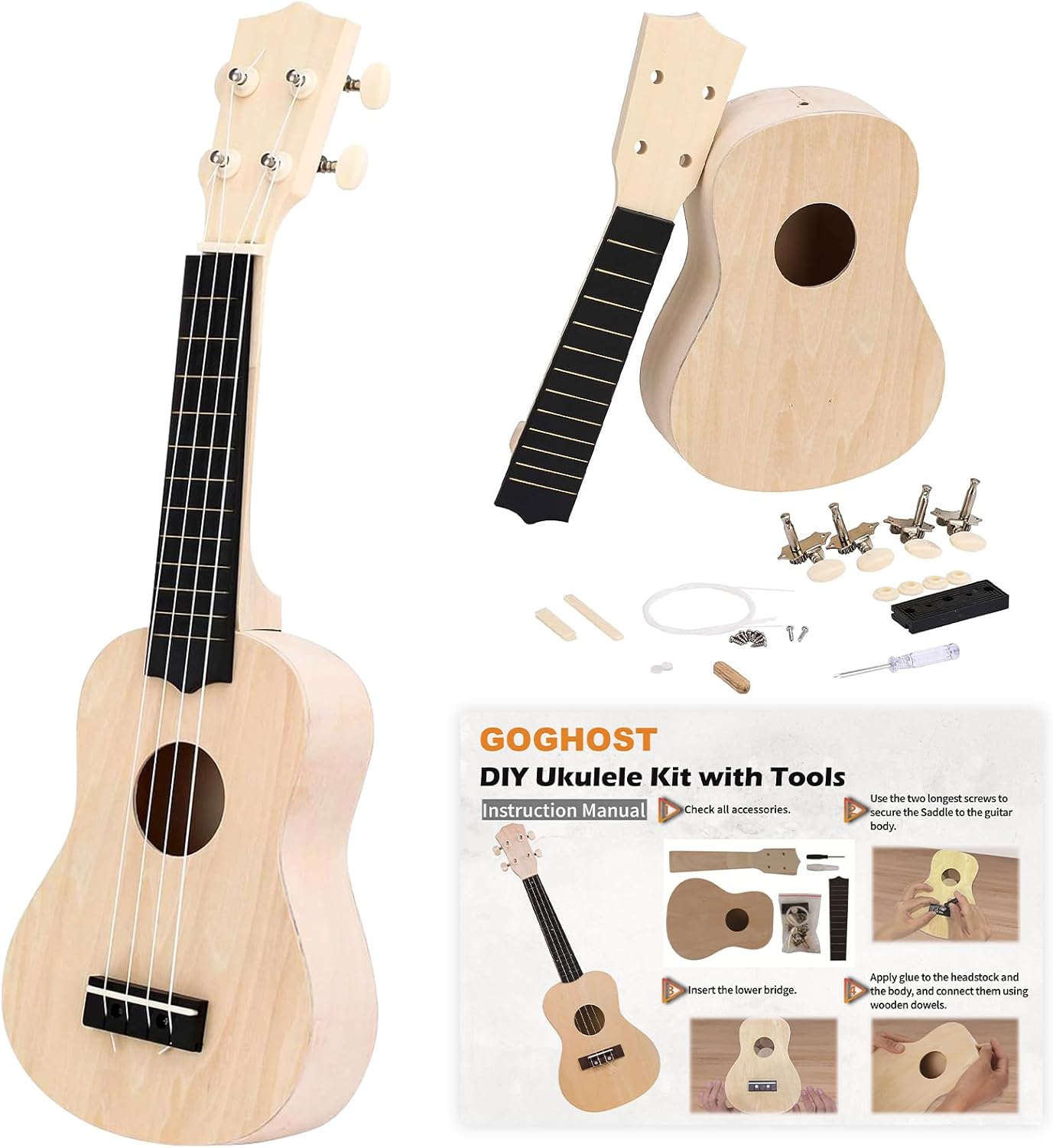 DIY Ukulele Kit with Tools（21 inch) - Build Your Own Ukulele Look, Wooden Small Hawaiian Guitar Gift for Adults