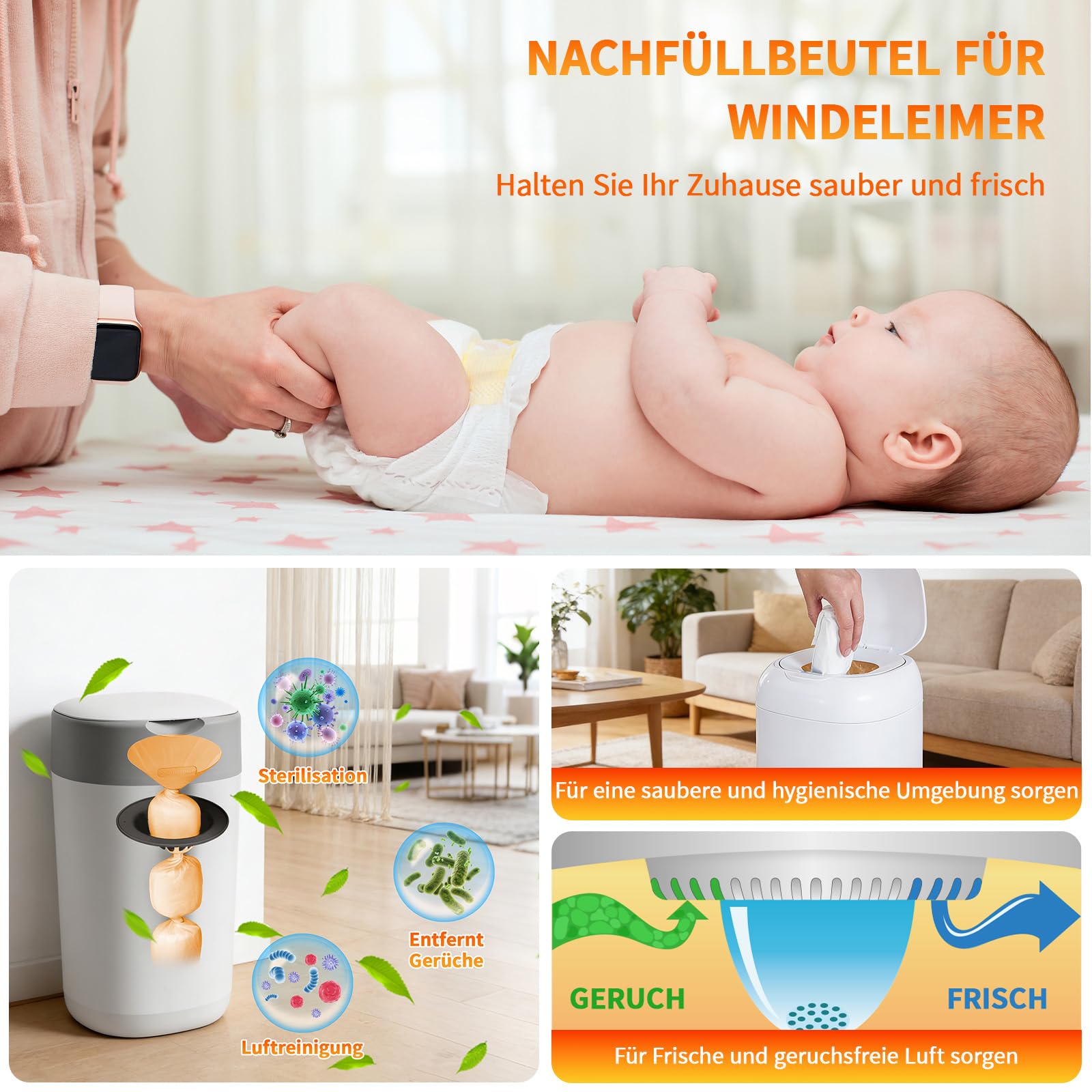 Lot de 18 recharge poubelle à couches, sac poubelle couche en film de 4,5 m, anti-odeurs et épais, compatibles avec les poubelles à couches et les bacs à litière pour chats