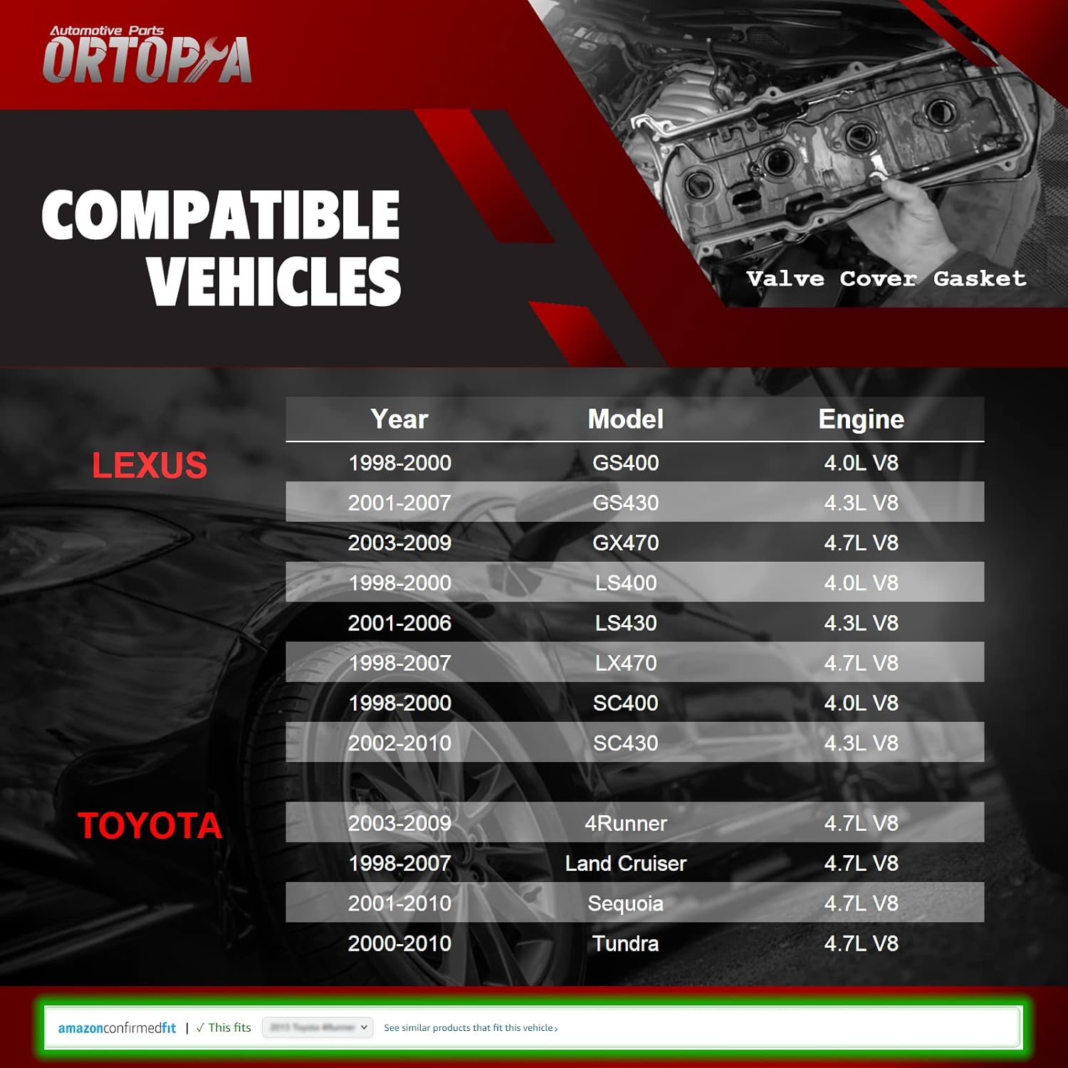 Engine Valve Cover Gasket Set VS50592R 1UZ-FE 2UZ-FE 3UZ-FE Compatible with 1998-2009 Lexus GS400 GS430 GX470 LS400 LS430 LX470 SC400 SC430 Toyota 4Runner Land Cruiser Sequoia 4.0L 4.3L 4.7L