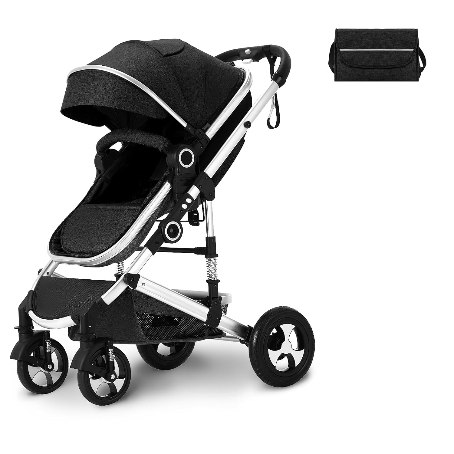 2 in 1 Convertible Baby Stroller, Folding High Landscape Infant Carriage, Adjustable Canopy, Diaper Bag, Anti-Shock Toddler Pushchair Stroller, Black