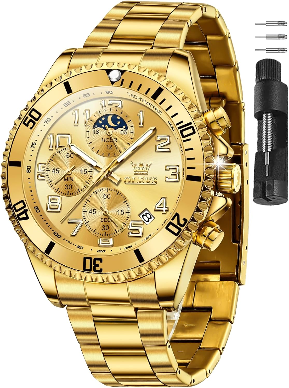 OLEVS Watches for Men Stainless Steel Dress Men Watch with Date Big Face Chronograph Waterproof Luxury Fashion Watch Blue/Black/Gold/Green/Silver Face Relojes para Hombres