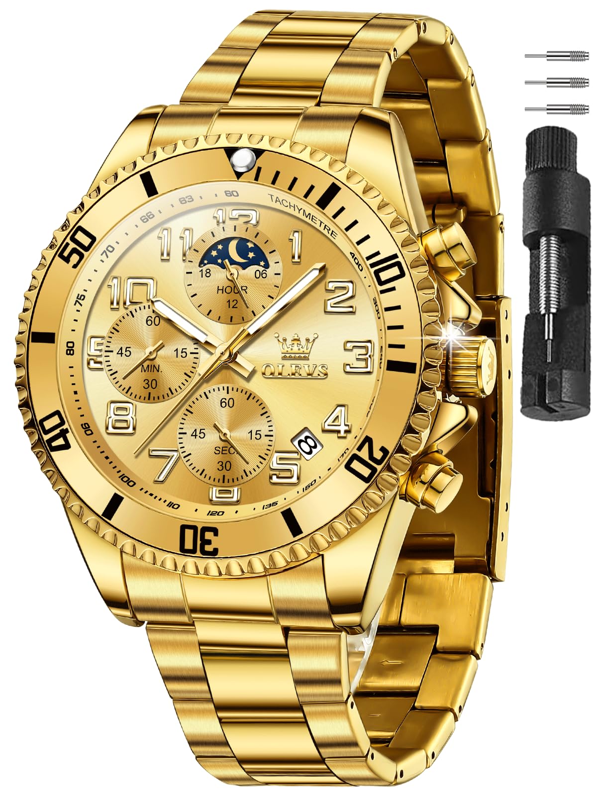 OLEVS Watches for Men Stainless Steel Dress Men Watch with Date Big Face Chronograph Waterproof Luxury Fashion Watch Blue/Black/Gold/Green/Silver Face Relojes para Hombres