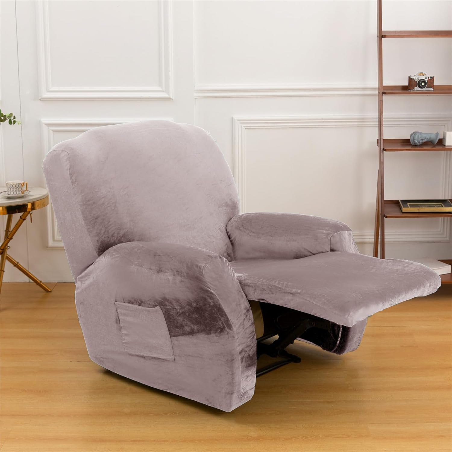 Recliner Slipcover, Velvet Stretch Reclining Chair Slipcovers 4-Pieces LazyBoy Covers Furniture Protector for Recliner with Pocket Sofa Couch Chair Cover (Haze Gray)