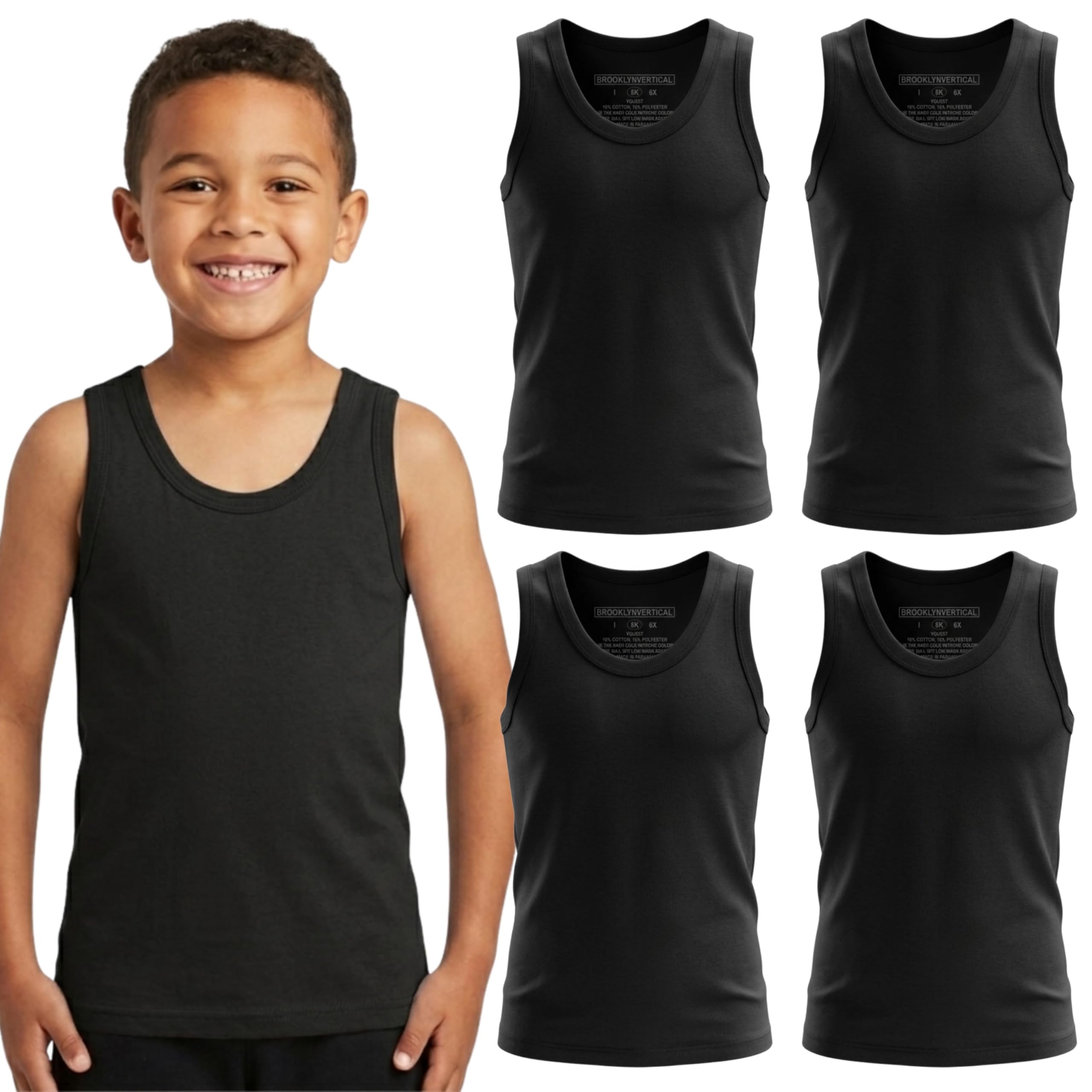 BROOKLYN VERTICAL Boys 4 Pack Undershirt Tank Top - Tagless Cotton Super Soft Runs Small