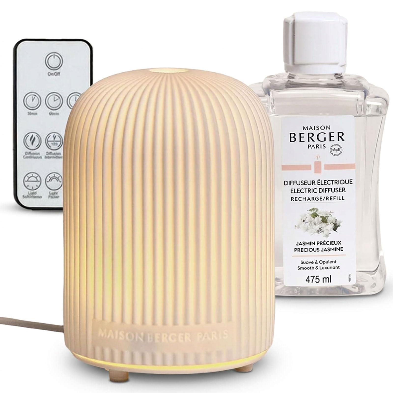 Maison Berger – Dyfuzor elektryczny z białą ceramiczną kopułką + wkład 475 ml, cenny jaśmin, zapachowa mgiełka, pilot zdalnego sterowania, timer 30, 60, 120 min, zbiornik 80 ml