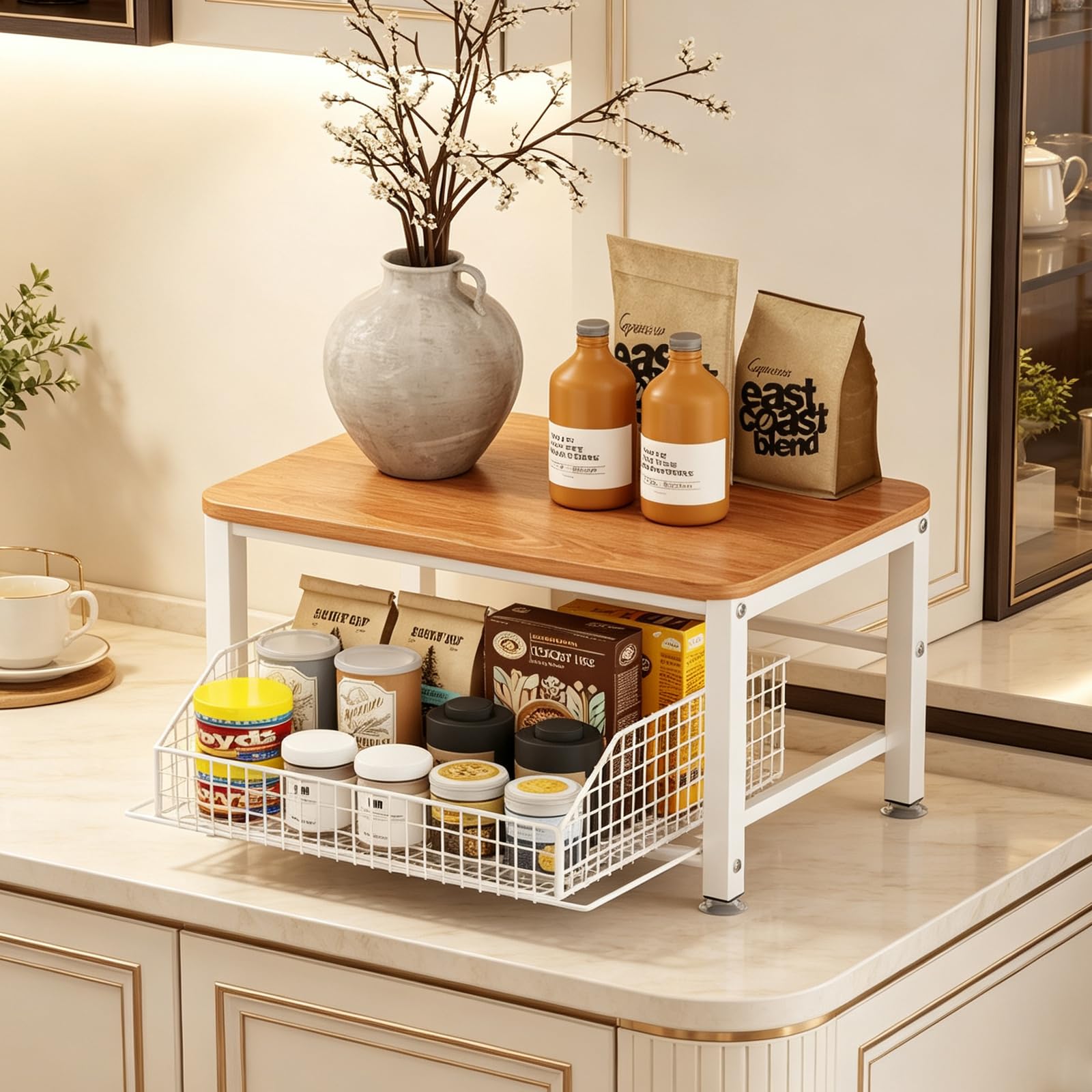 gszbme 2-Tier Baker's Rack, Microwave Shelf for Kitchen with Mesh Drawer